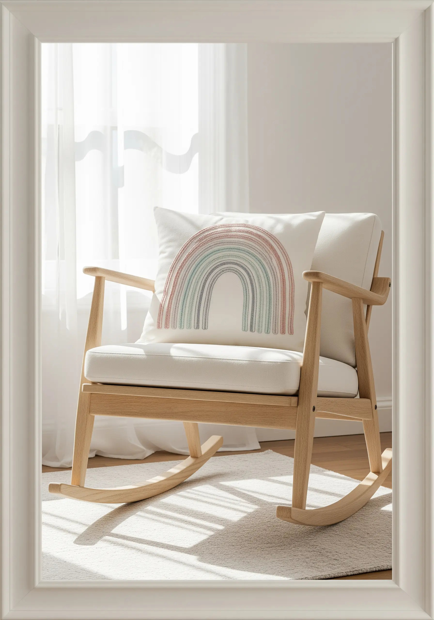 A pillow on a rocking chair embroidered with a rainbow in muted shades of pink, green, and grey.