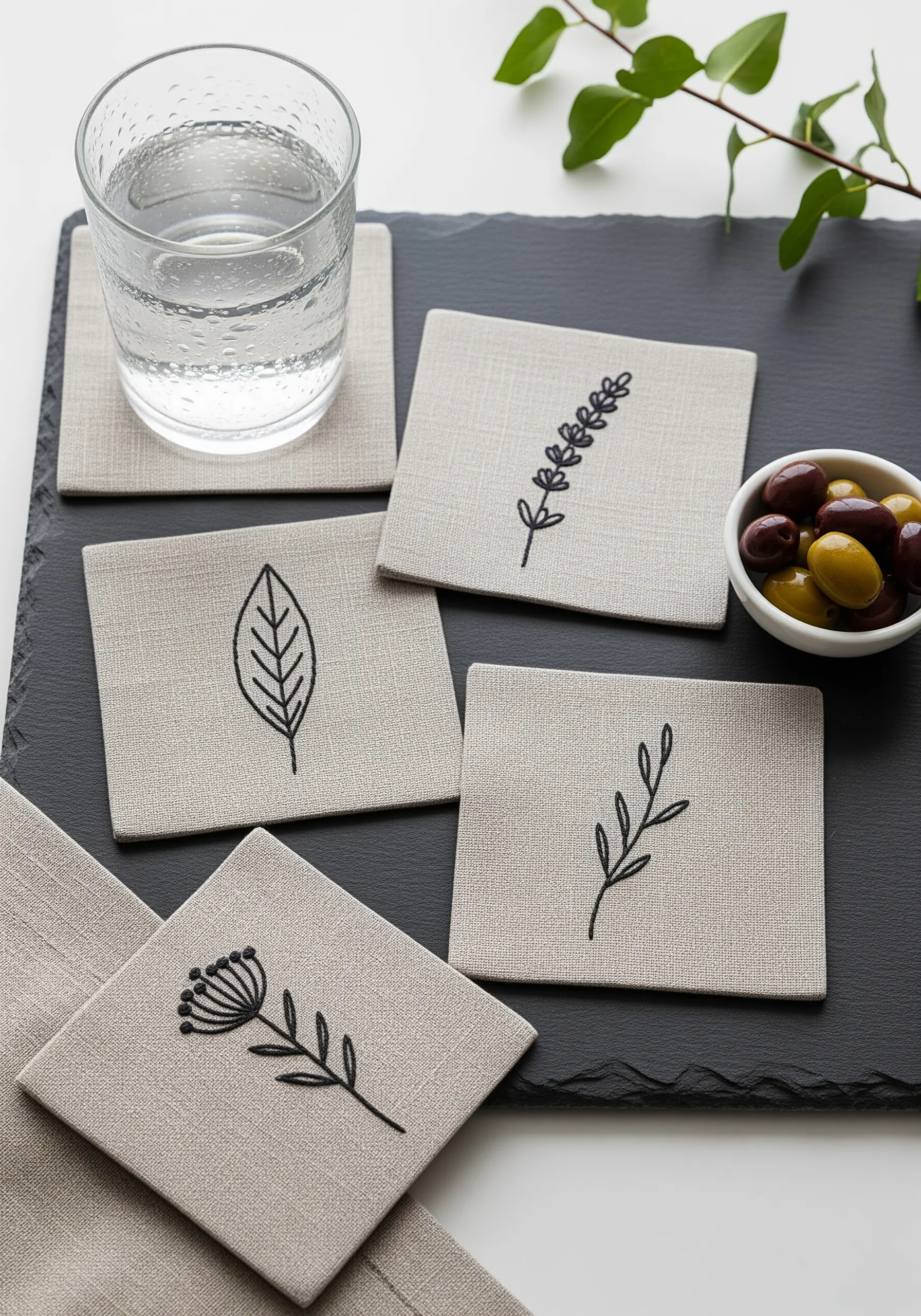 Four linen coasters embroidered with simple black line-art botanicals.