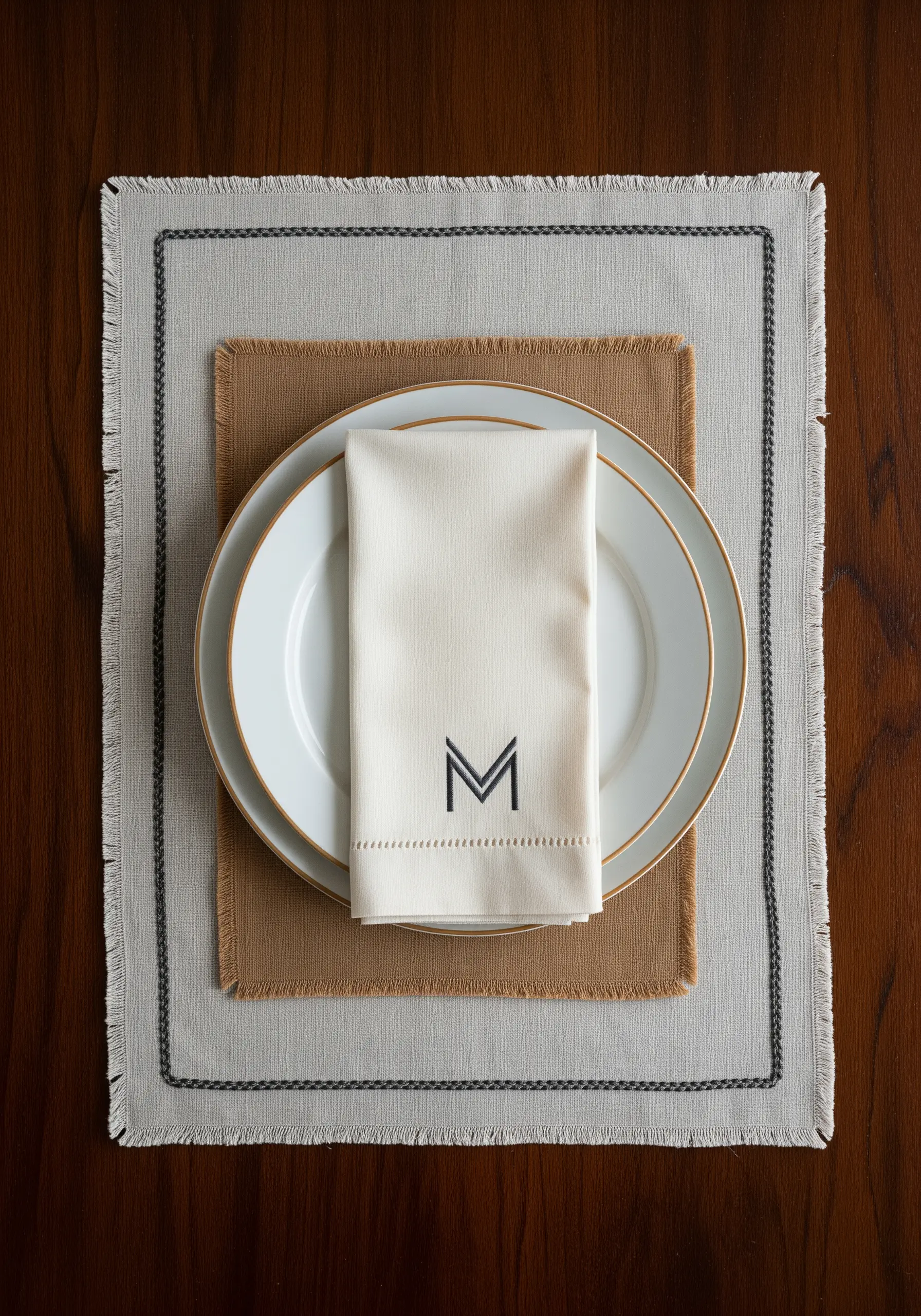 A layered placemat with a hand-stitched border and a monogrammed napkin.