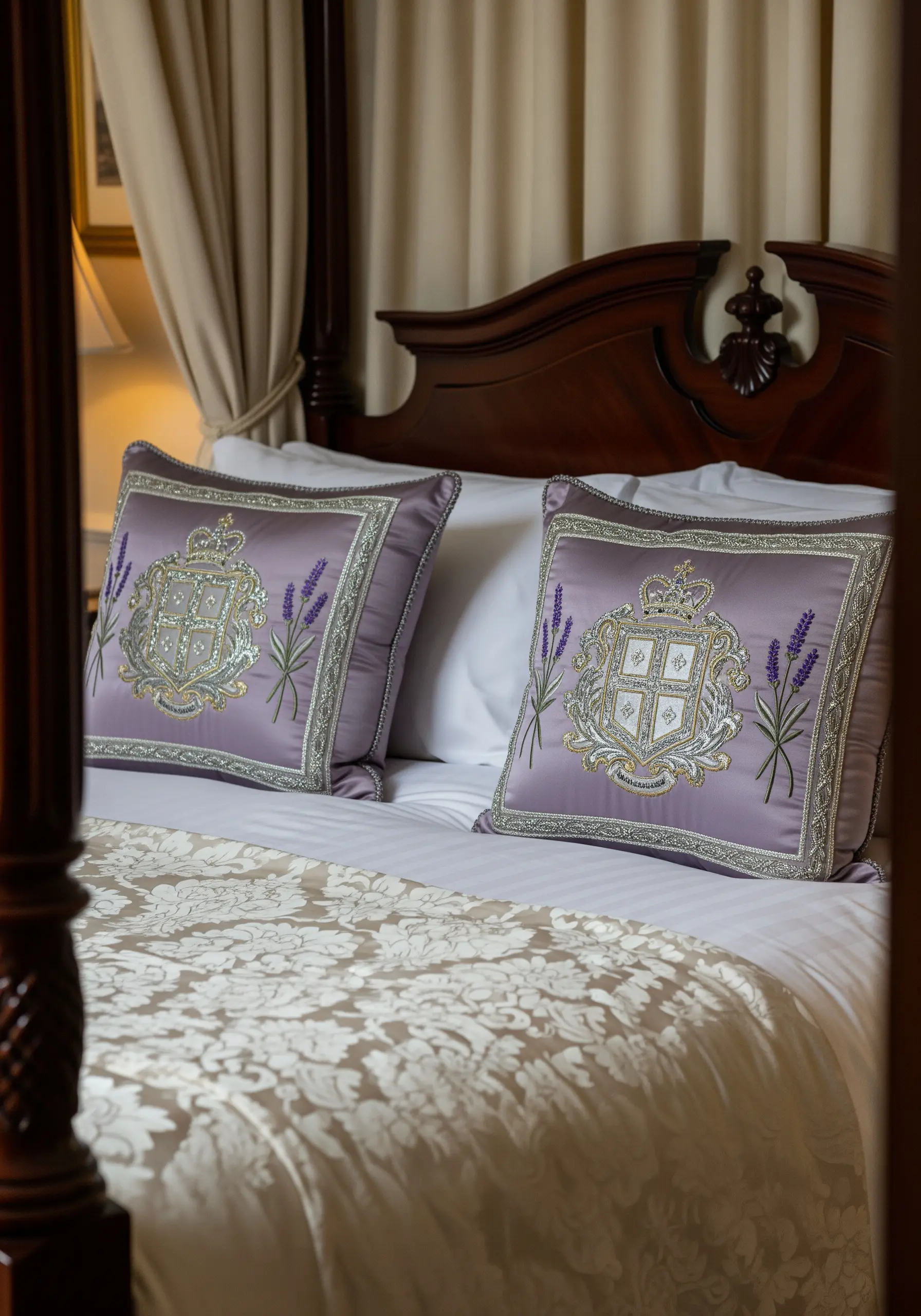Two lavender satin pillows on a four-poster bed, embroidered with ornate silver crests and lavender.