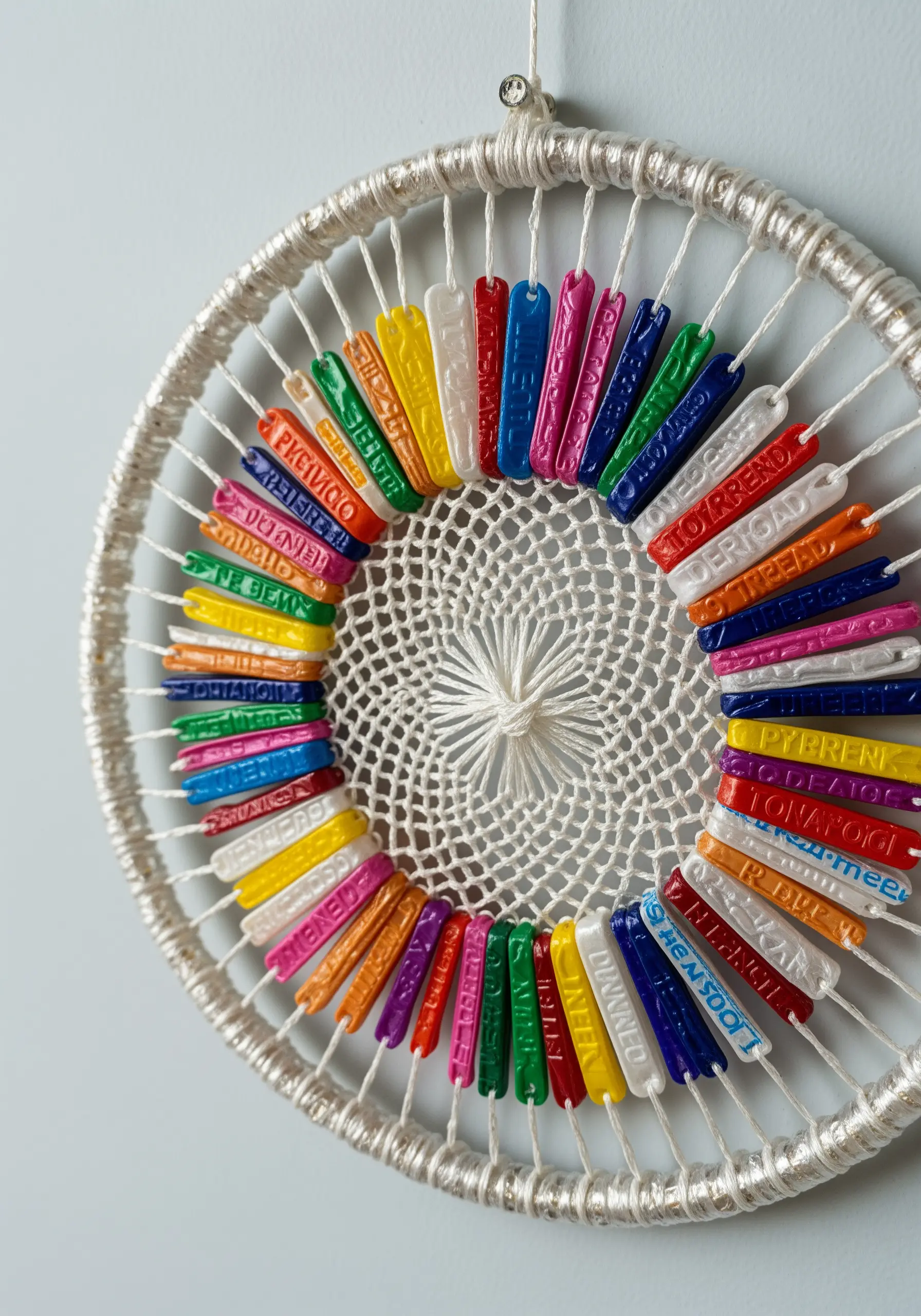 A dreamcatcher featuring a woven center and colorful recycled plastic tags instead of beads.