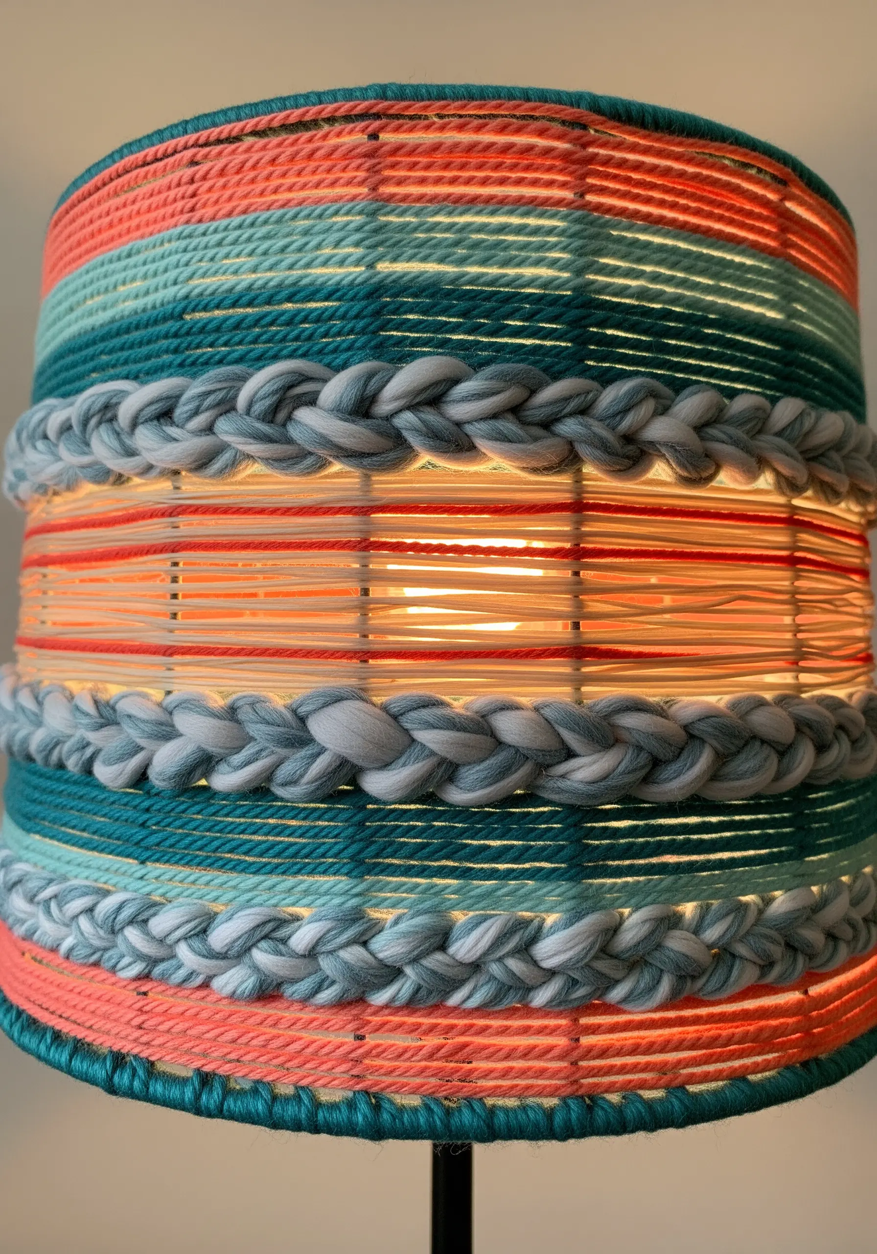 A close-up of a lampshade wrapped in teal and coral yarn with chunky grey braids.
