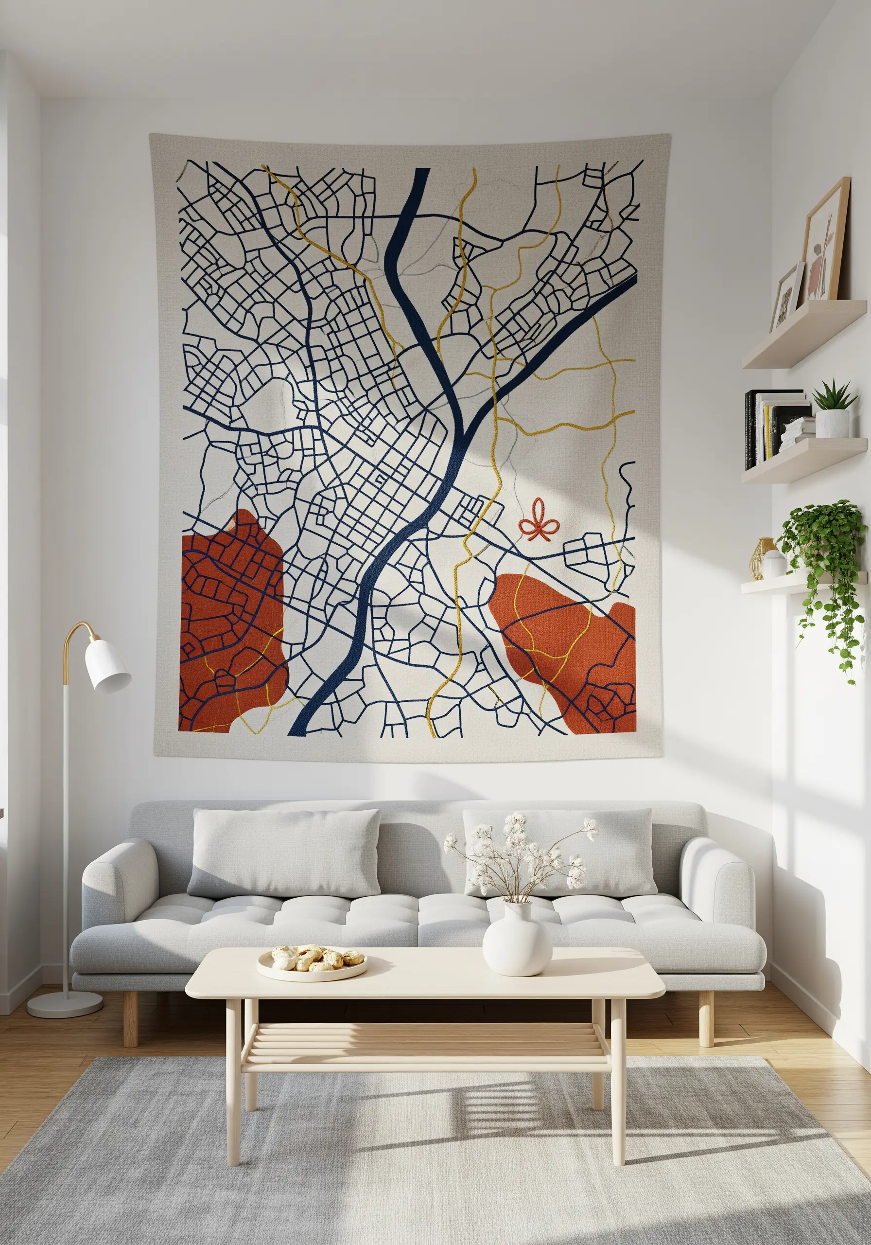 A large embroidered wall tapestry of a city map hanging above a modern grey sofa.