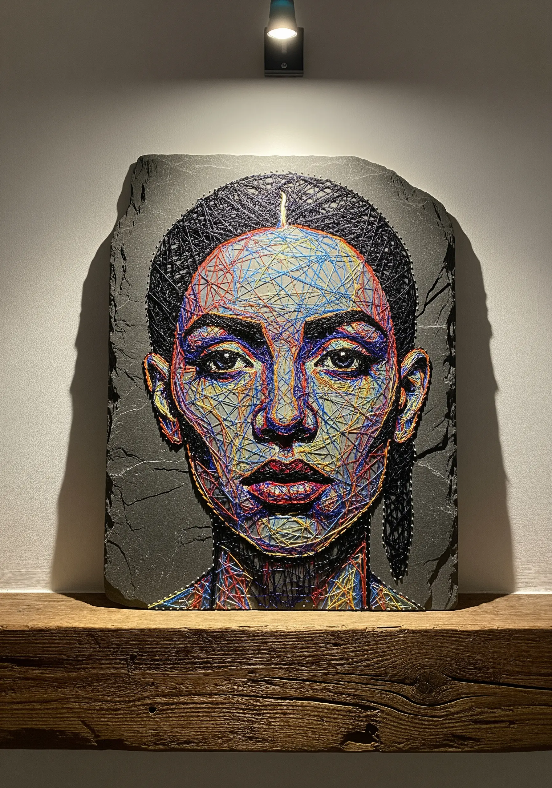 A vibrant string art portrait of a woman's face on a dark slab of slate.