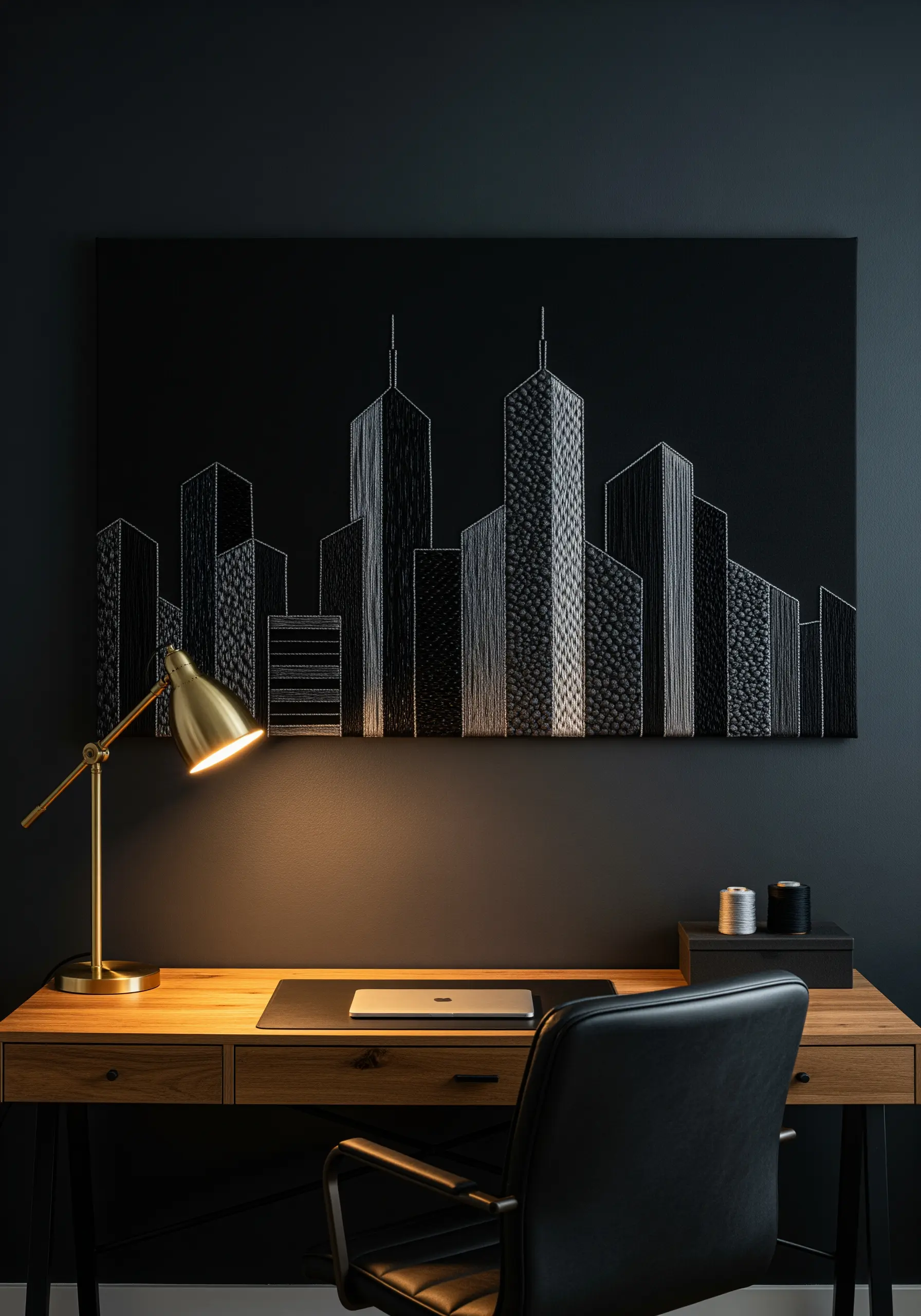 Monochrome embroidery of a city skyline on black fabric over a desk.