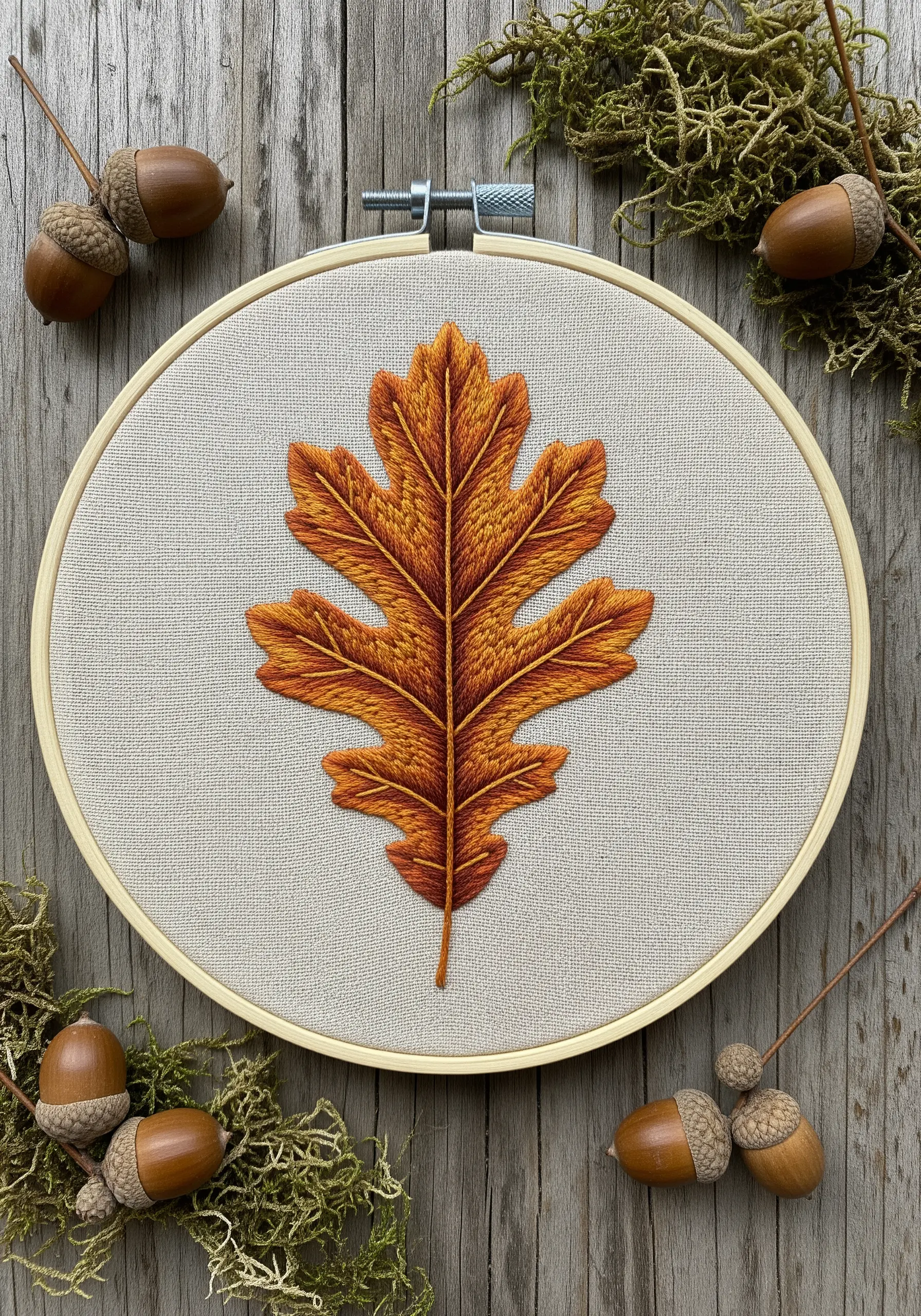 Detailed thread-painted oak leaf in autumn oranges and browns on neutral linen.