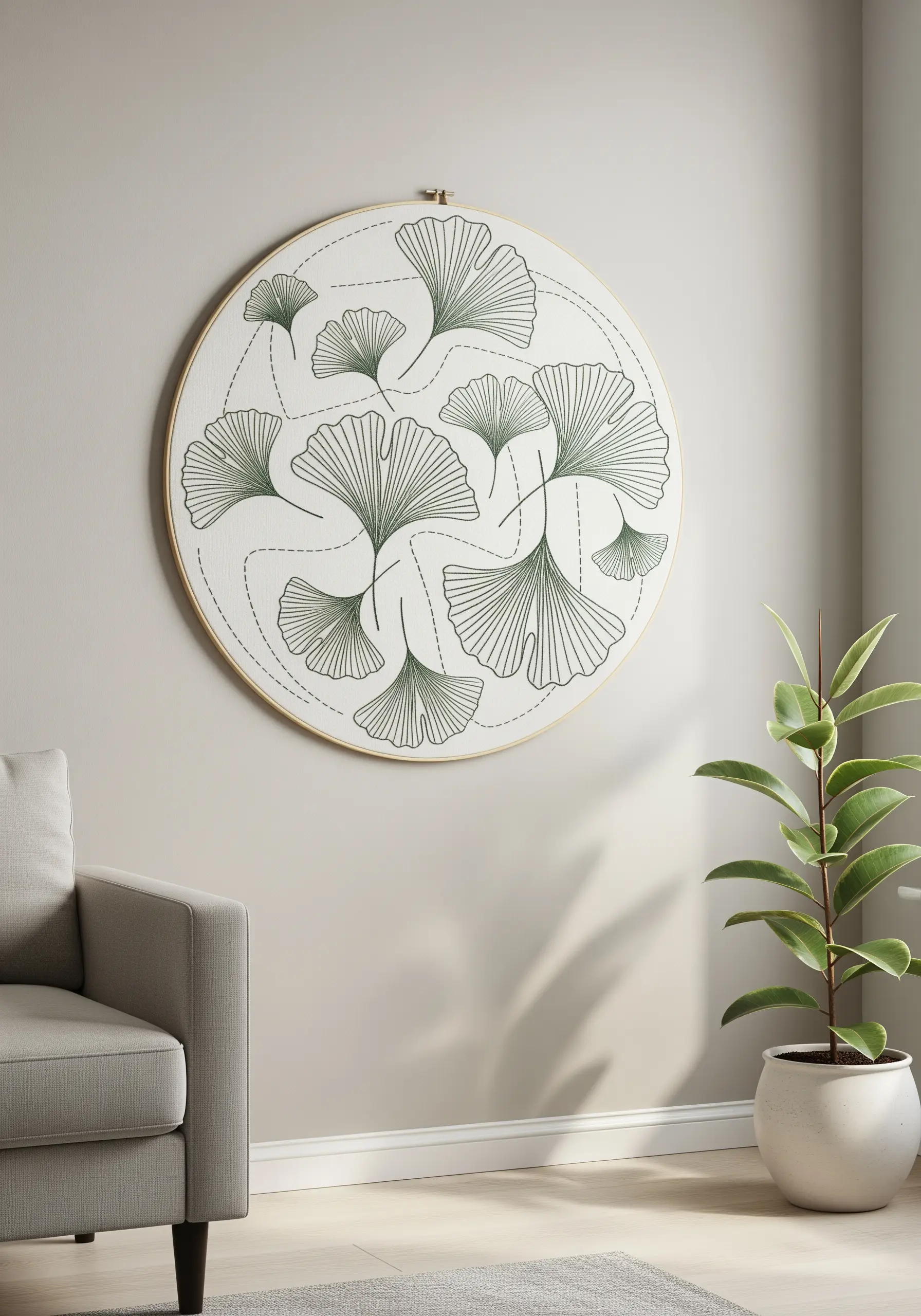 Minimalist ginkgo leaf embroidery in a large hoop, using green line work on a neutral fabric.