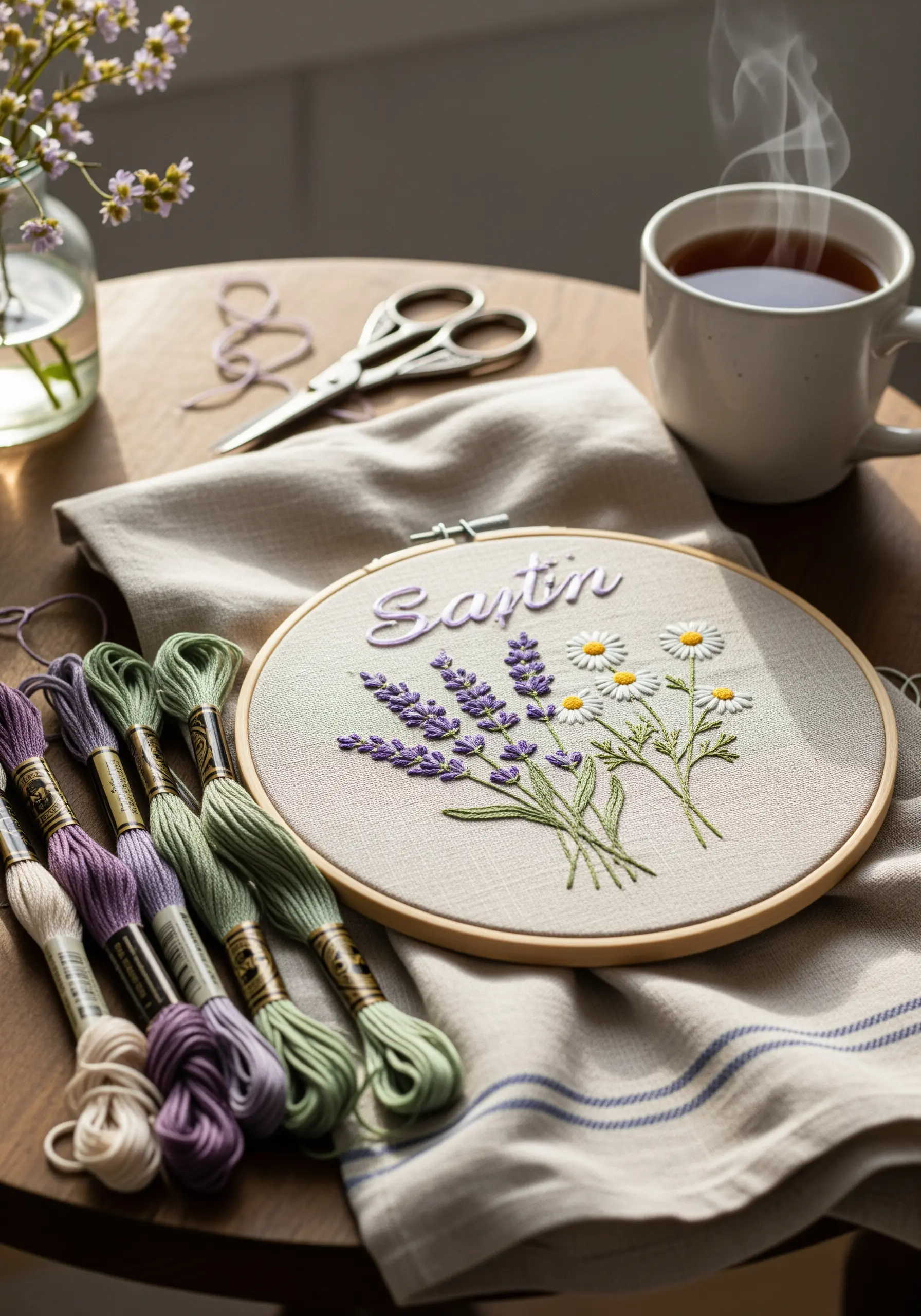 Embroidery hoop with lavender and daisies stitched on linen fabric next to thread skeins