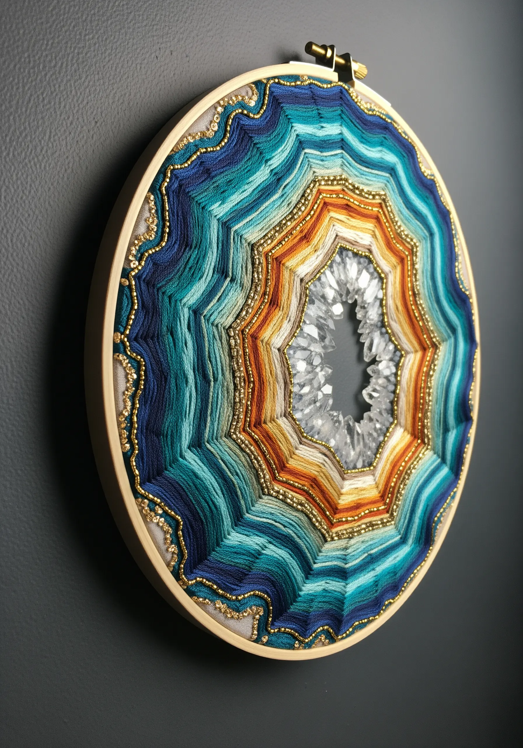 Embroidered geode hoop art with concentric rings of thread, gold beads, and a crystal center.