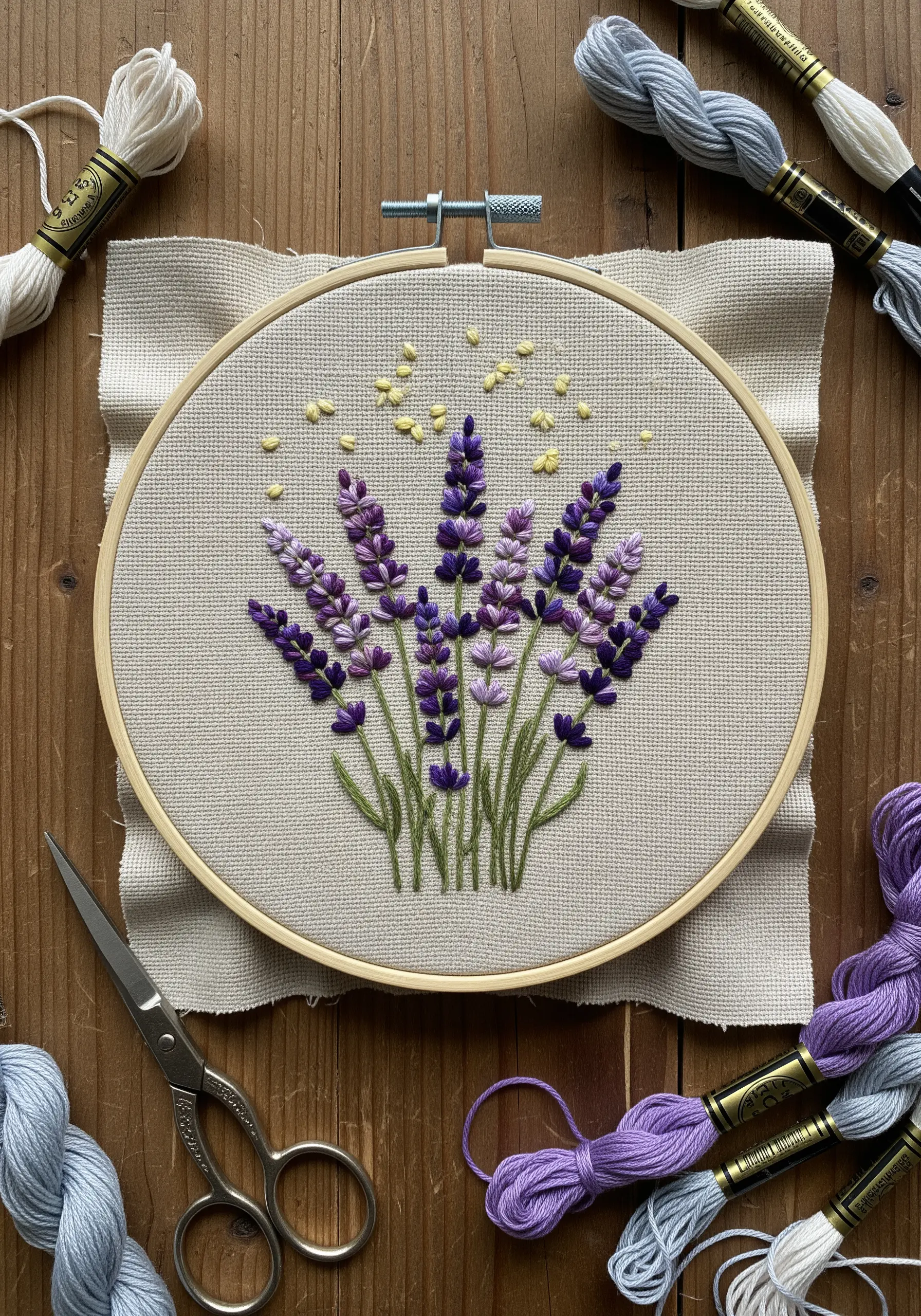 Embroidery hoop with purple lavender stalks and yellow French knots on neutral linen.