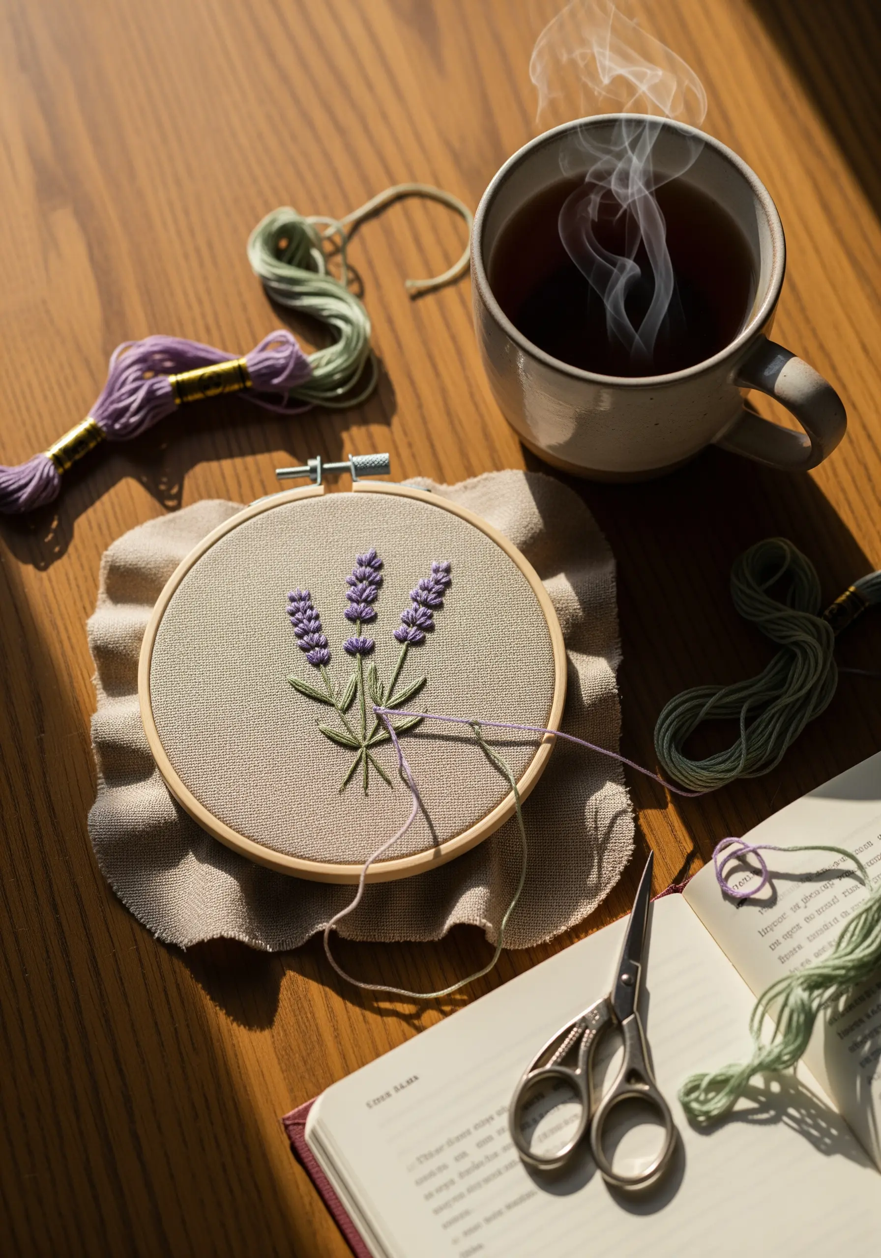 Embroidery hoop with three lavender stems stitched in purple and green thread on a beige fabric.