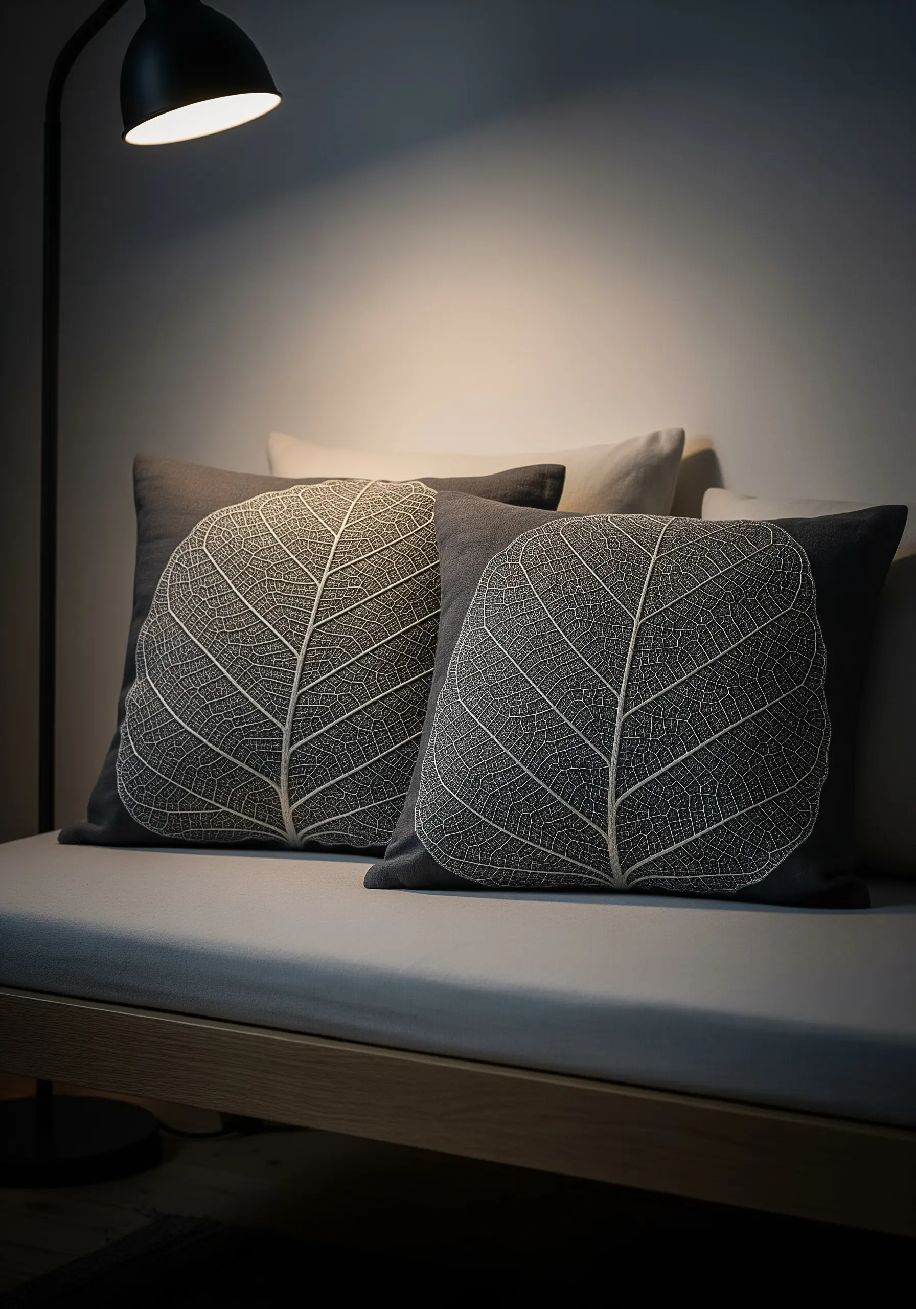 Two dark grey pillows with finely embroidered white leaf skeleton patterns.