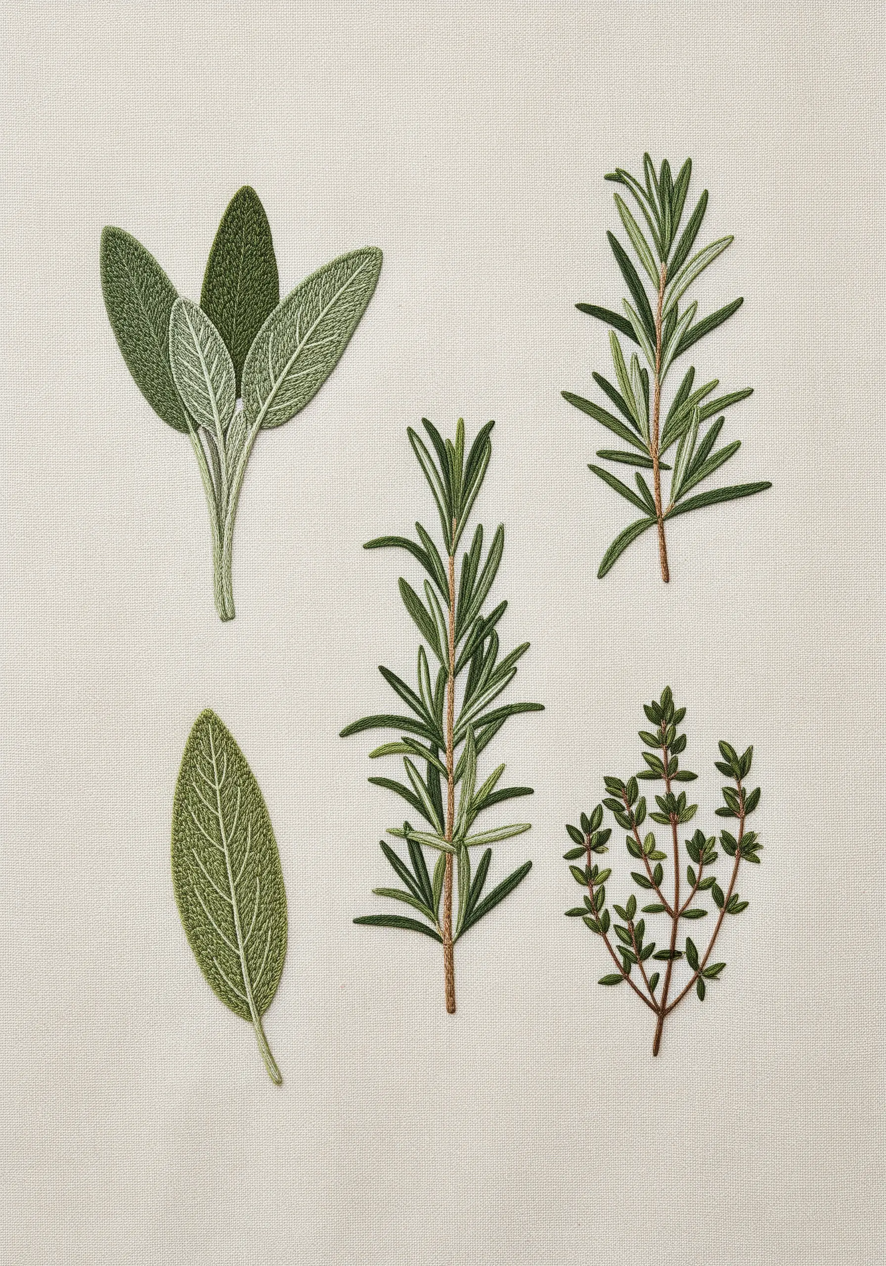 Realistic embroidery of sage, rosemary, and thyme on a natural linen background.