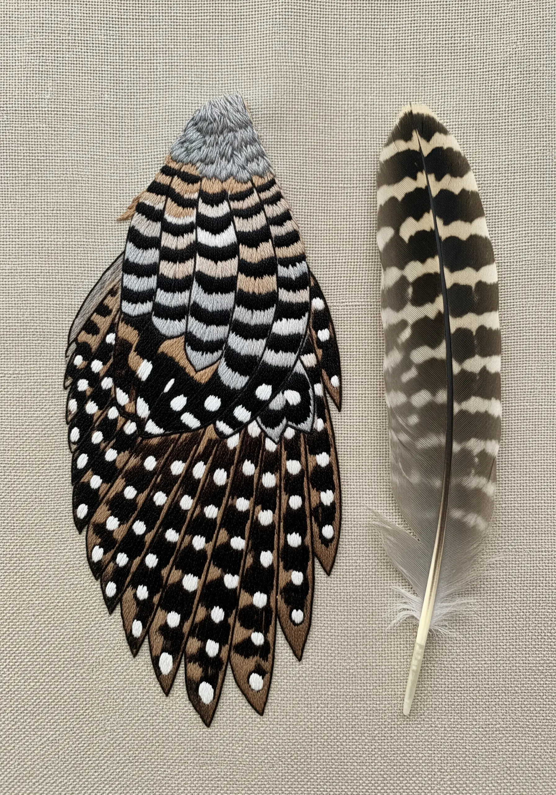 An embroidered wing section placed next to a real feather for comparison.