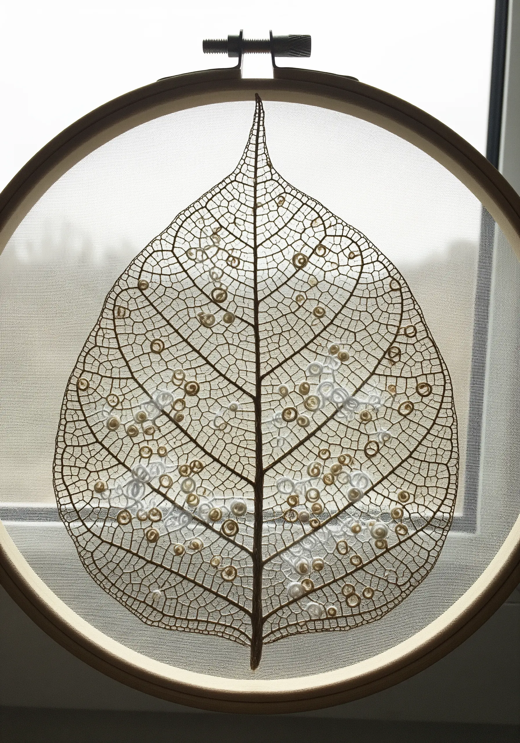 A delicate skeleton leaf stitched on sheer fabric and embellished with small beads.