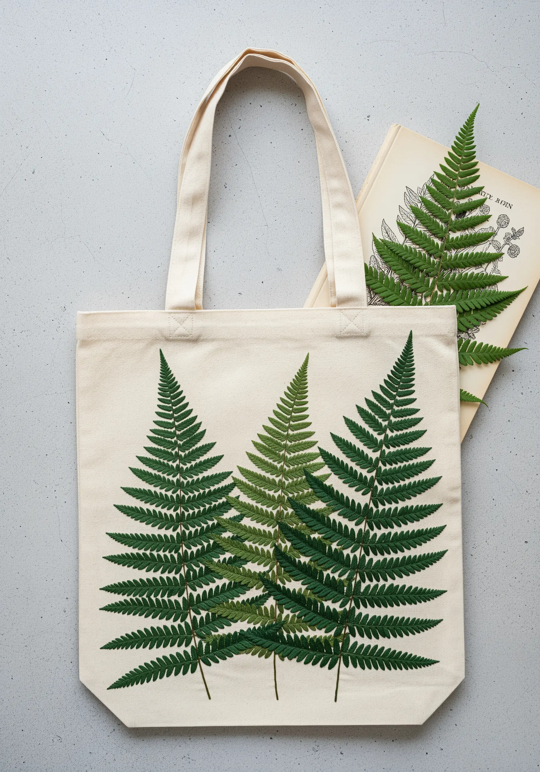 Canvas tote bag with three realistic green fern leaf motifs.