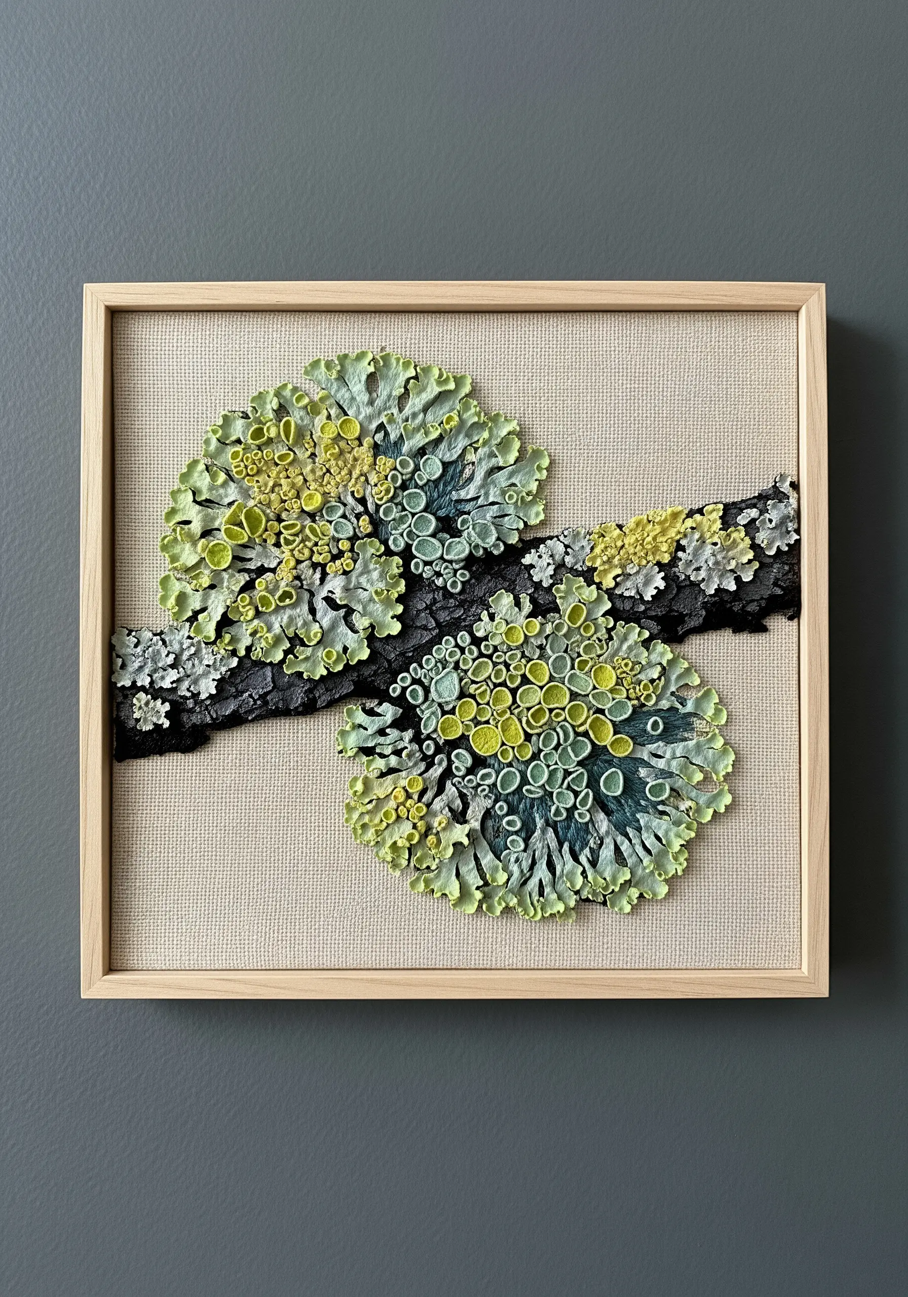 Framed embroidery of dimensional lichen on a dark branch using French knots.