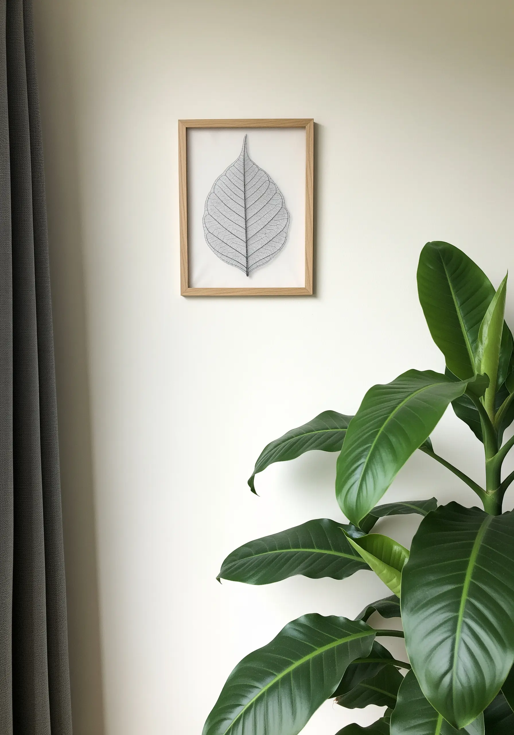 Framed string art of a single leaf, with threads forming the delicate veins.