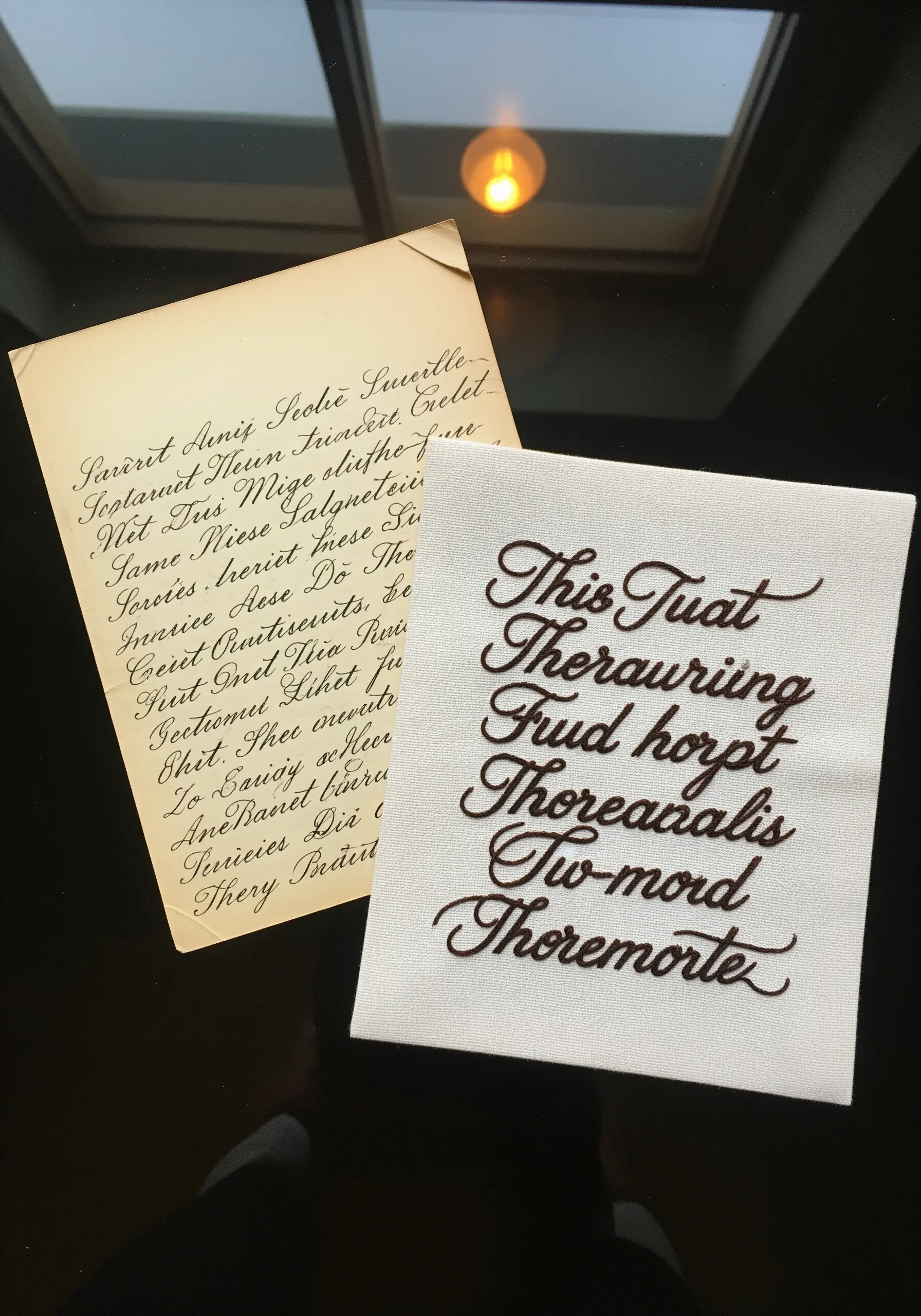 Embroidered cursive text on a white fabric square, next to the original handwritten letter.
