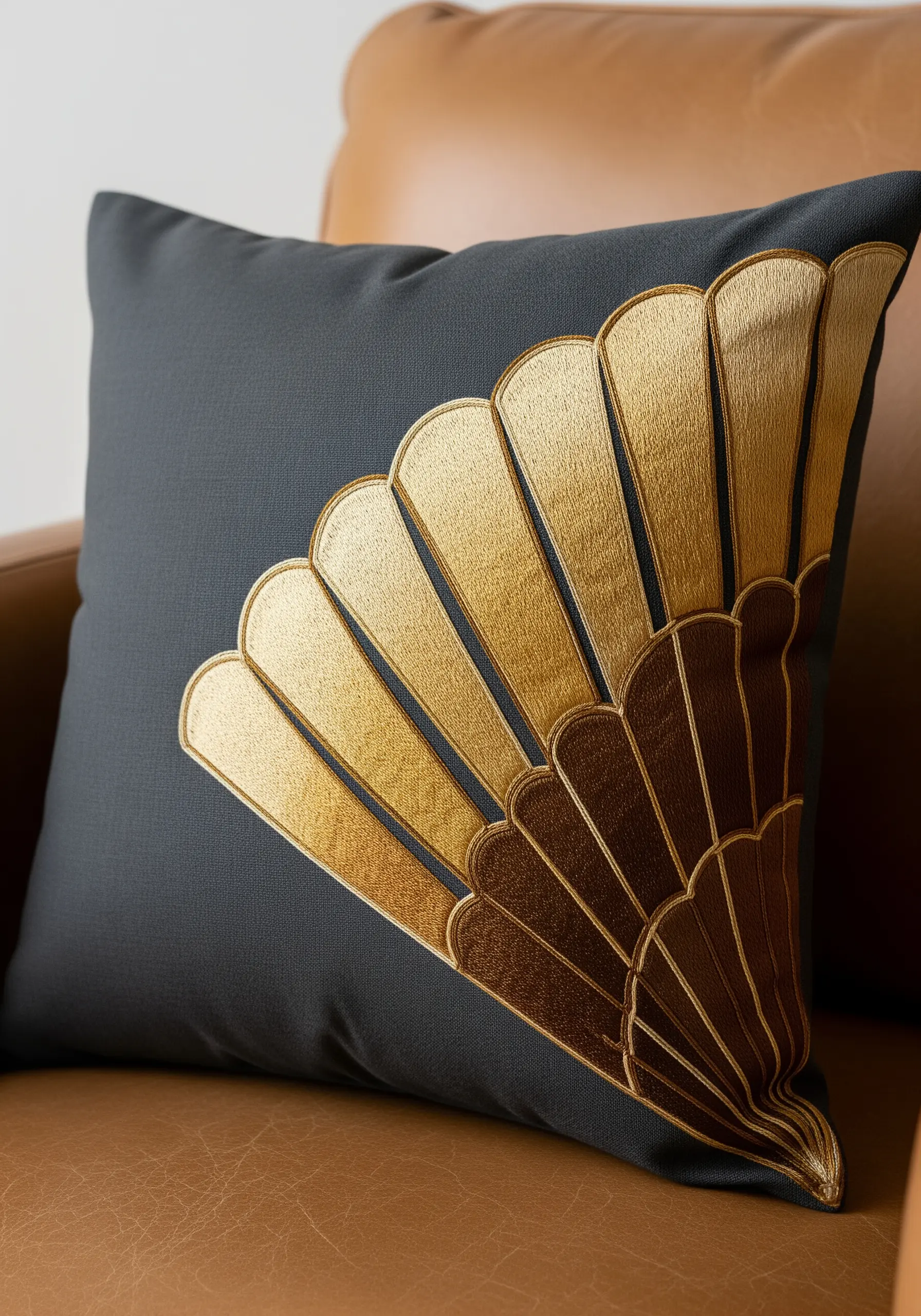 Embroidered gold and bronze fan on a dark grey cushion using satin stitch gradients.