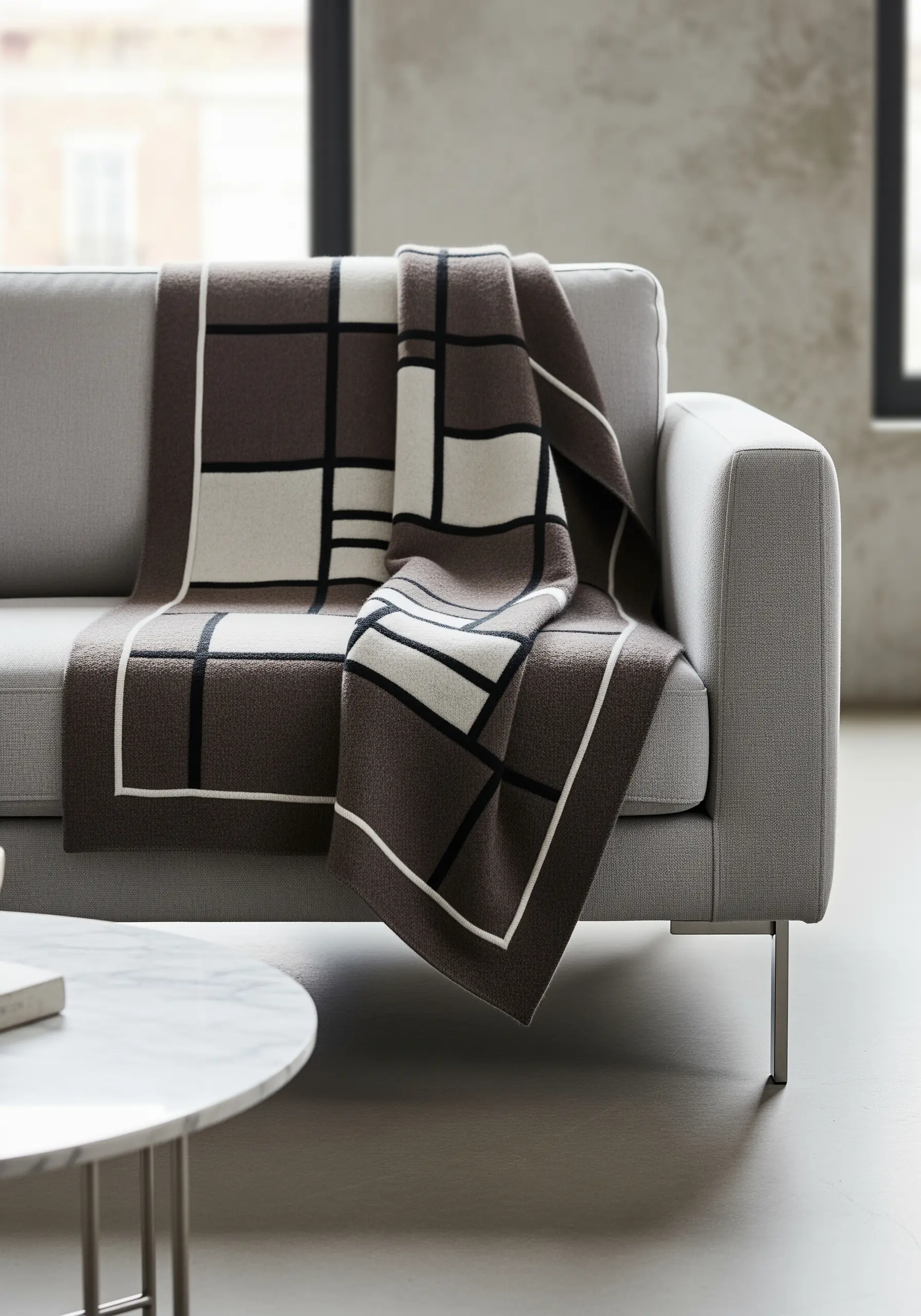 A throw blanket with a Mondrian-inspired design of black lines and white and brown blocks.