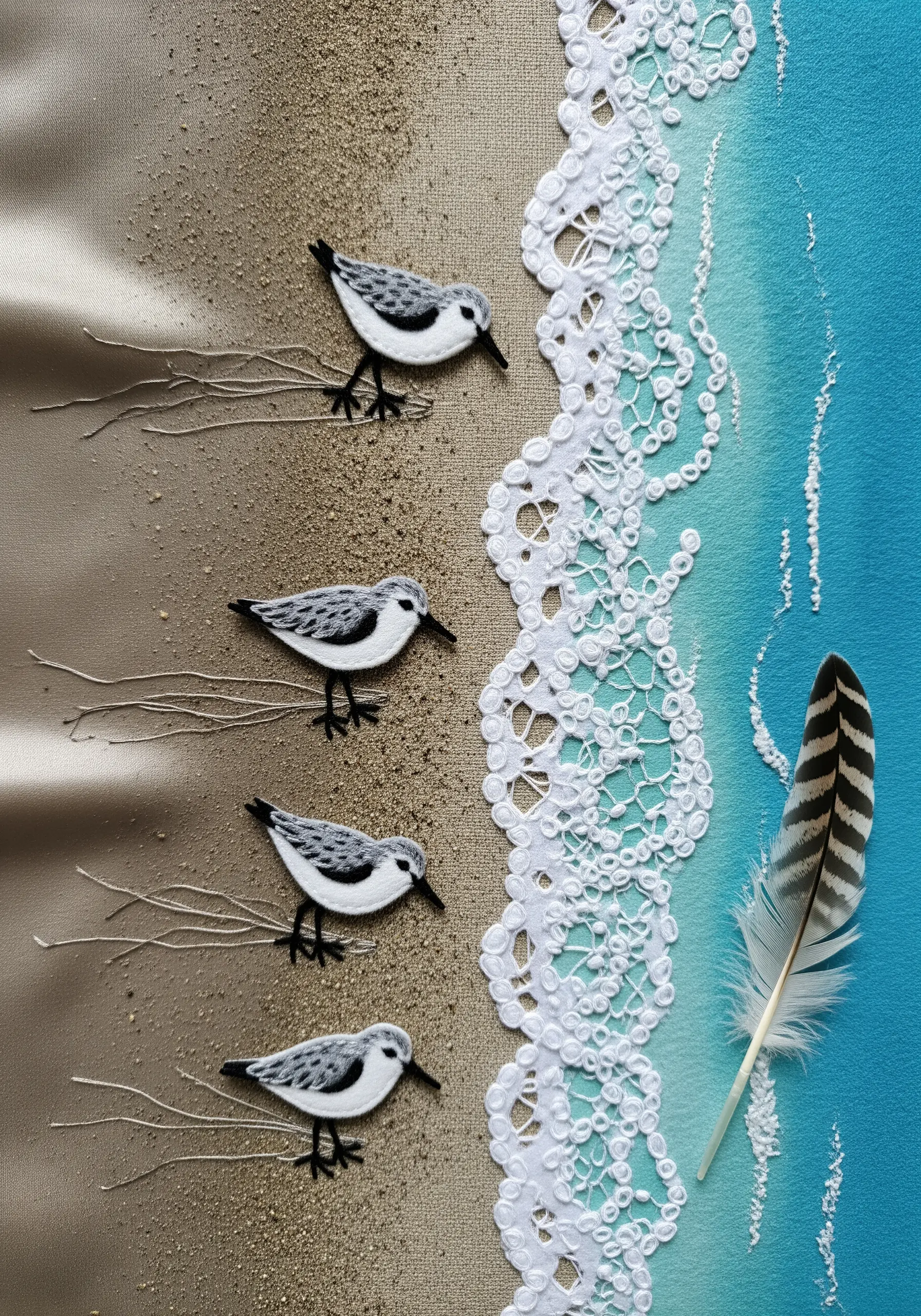 Fabric art of sandpipers on a beach with seafoam created from a piece of white lace.