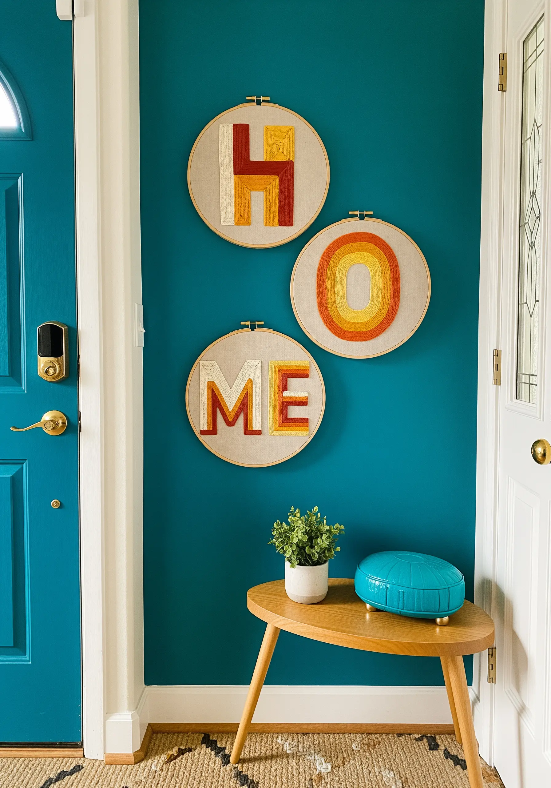 The word 'HOME' split across three hoops with retro color-blocked satin stitch letters.