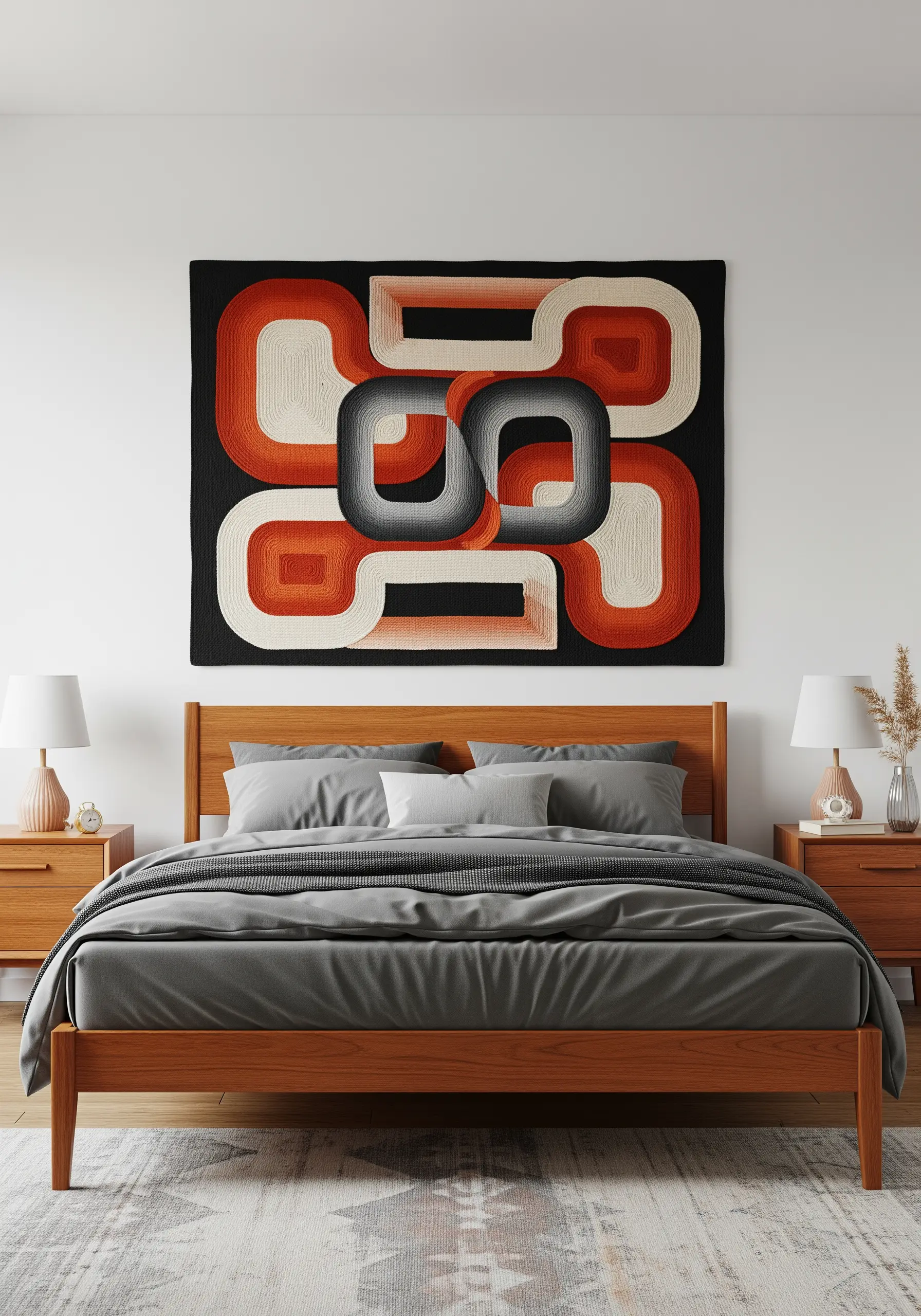 Large retro abstract wall hanging with burnt orange, grey, and black embroidered shapes