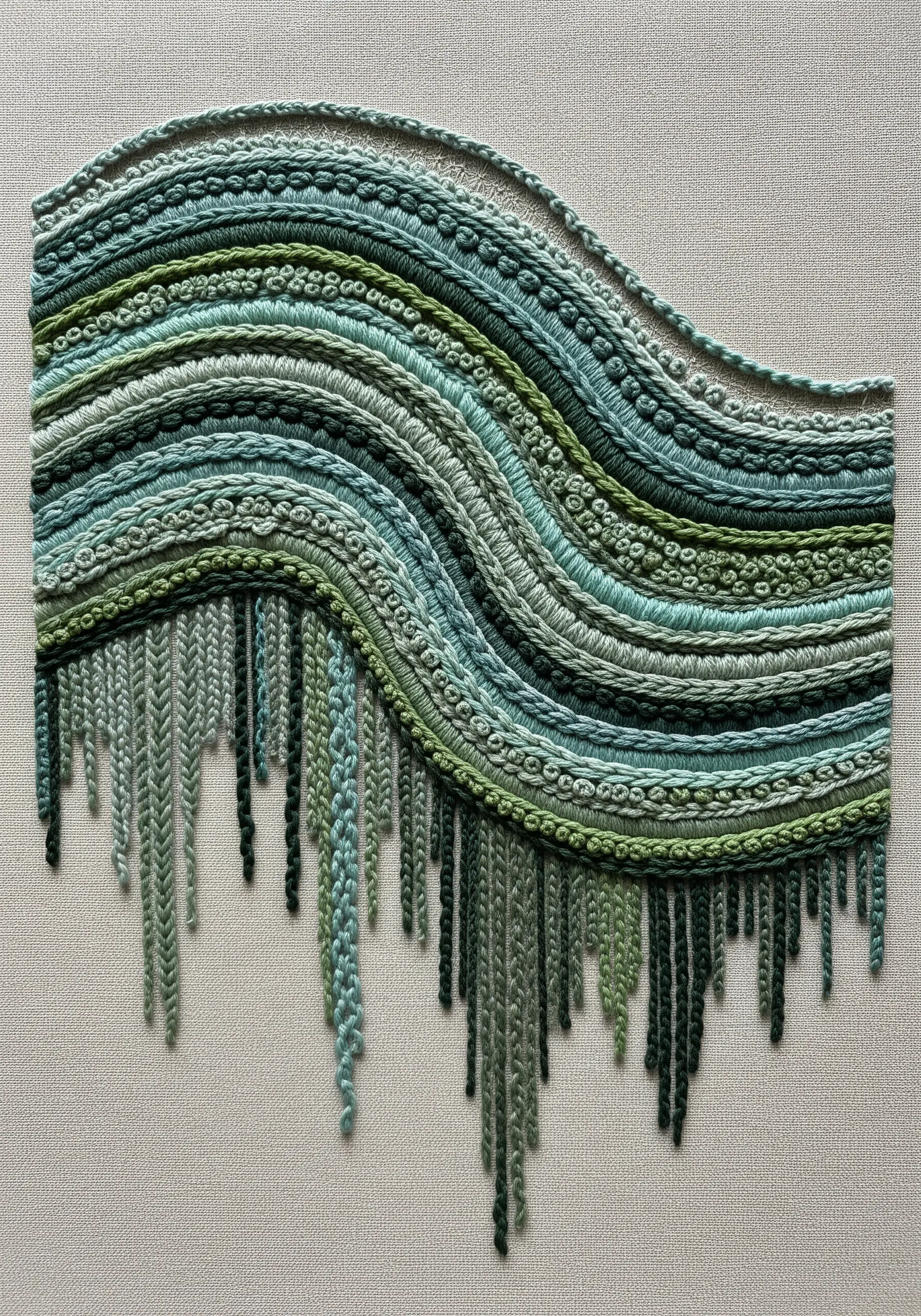 Abstract waves of green and blue embroidery using varied stitches and textures.
