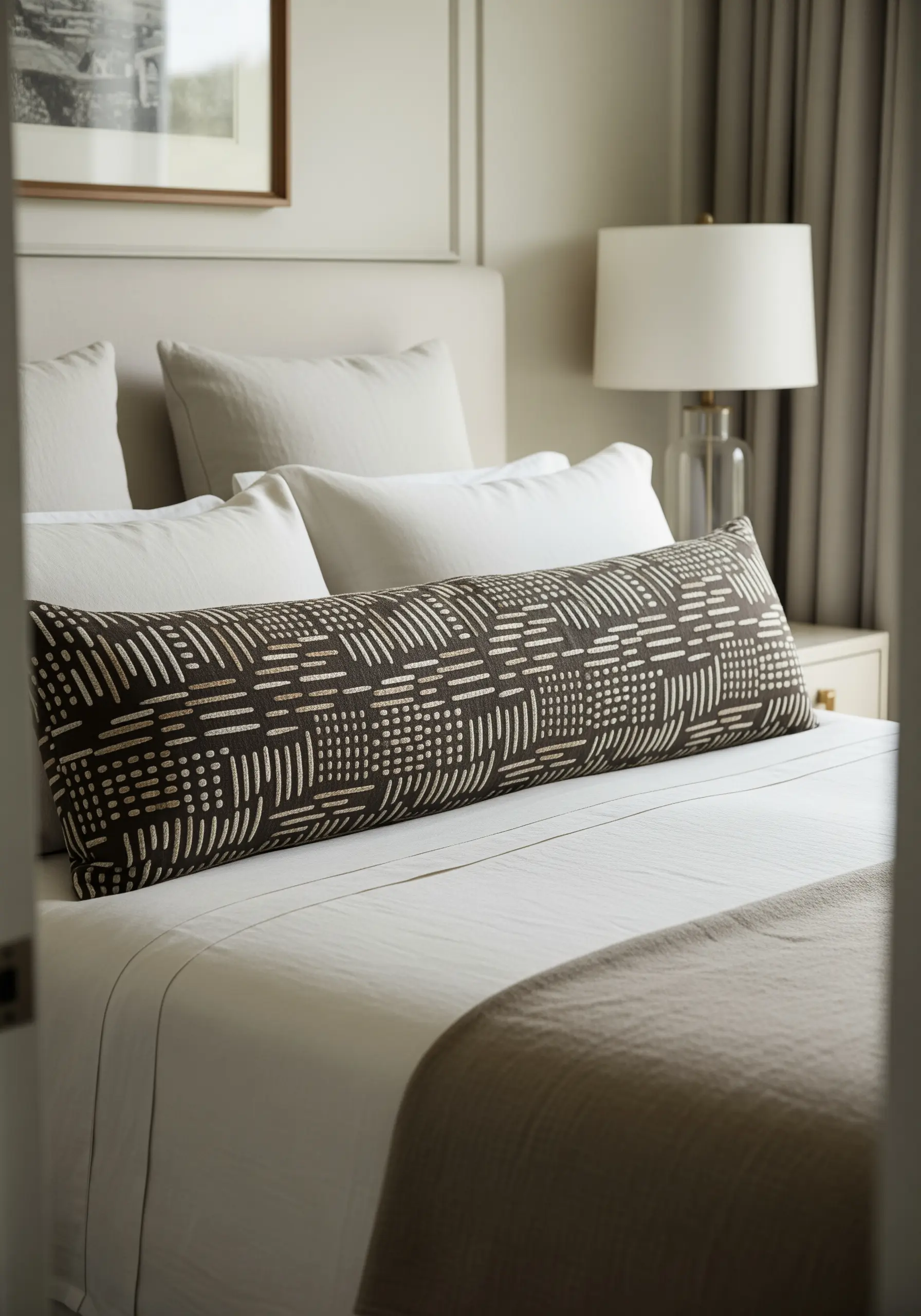 A dark brown lumbar pillow with a geometric mudcloth-style pattern in cream seed stitches.