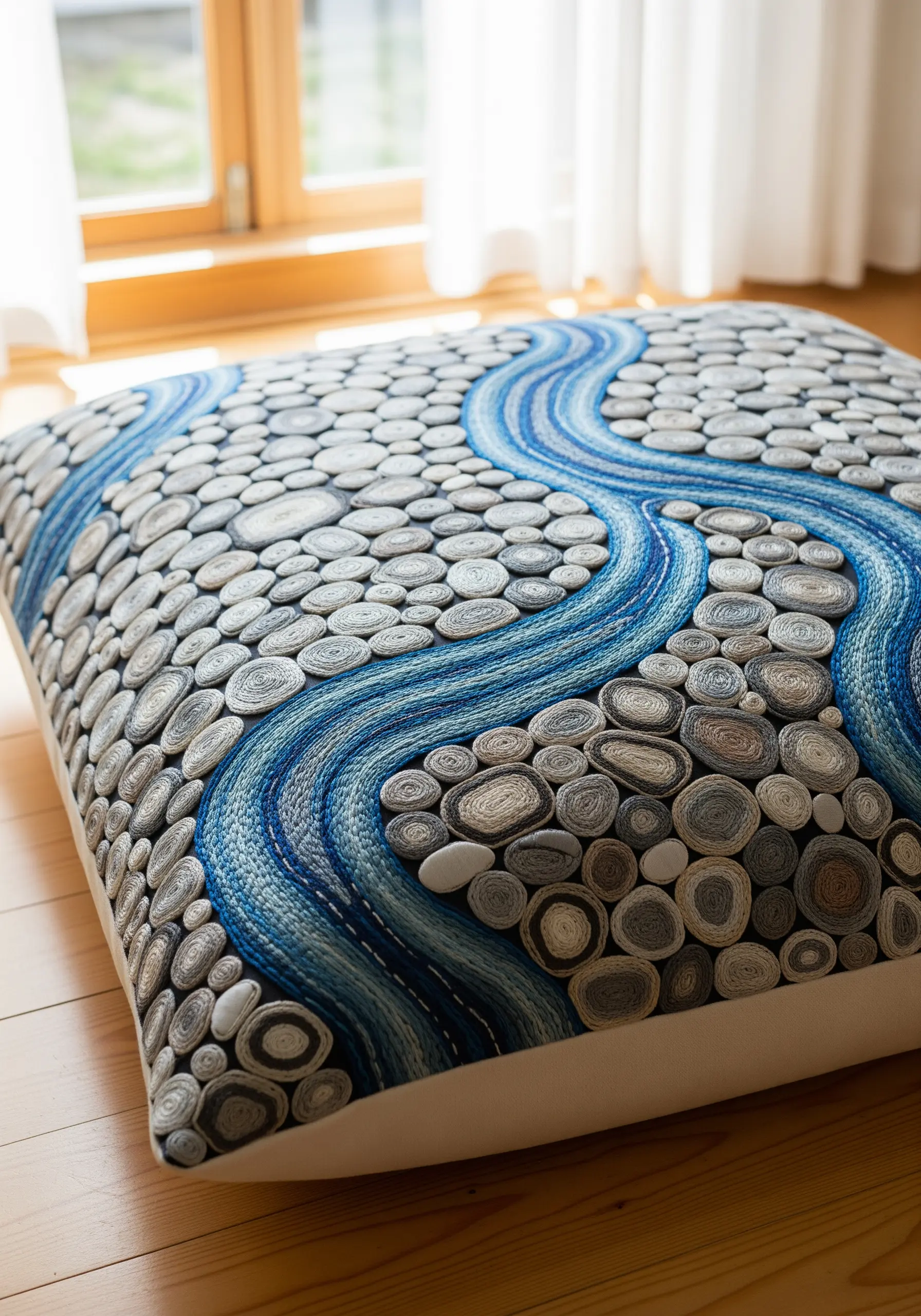A floor cushion covered in three-dimensional embroidered river rocks with a blue thread river.