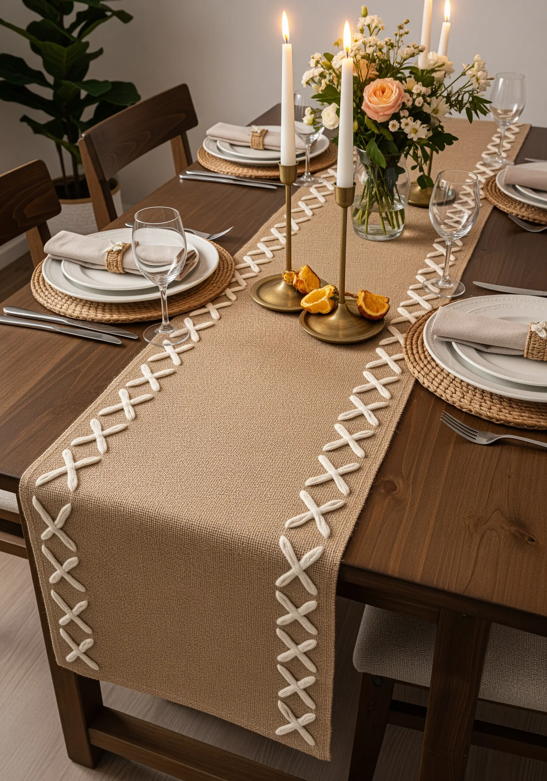 A burlap table runner with a large, rustic cross-stitch border in thick cream yarn.