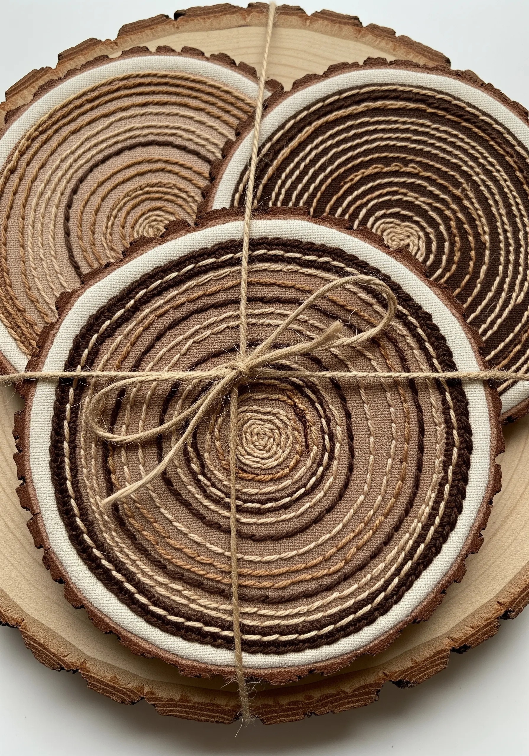 A set of coasters made from wood slices, with embroidered spirals using couched jute cord.