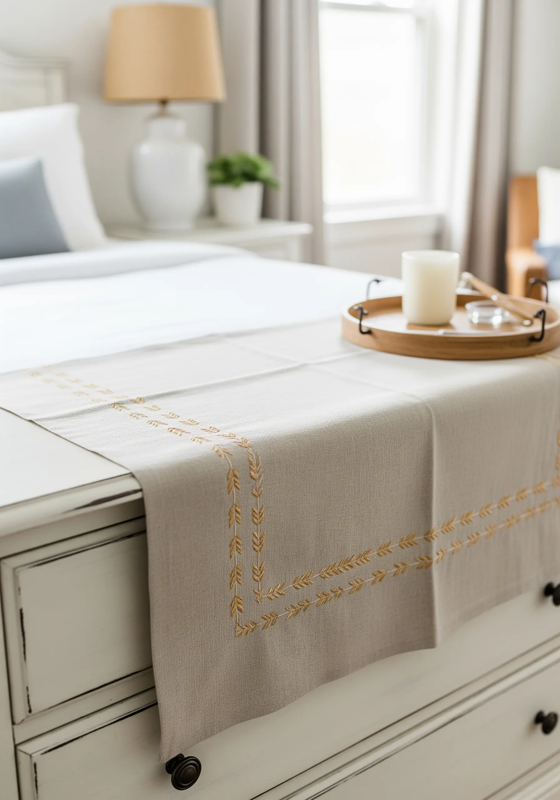 Embroidered wheat stalk borders in a golden thread on a neutral table runner.