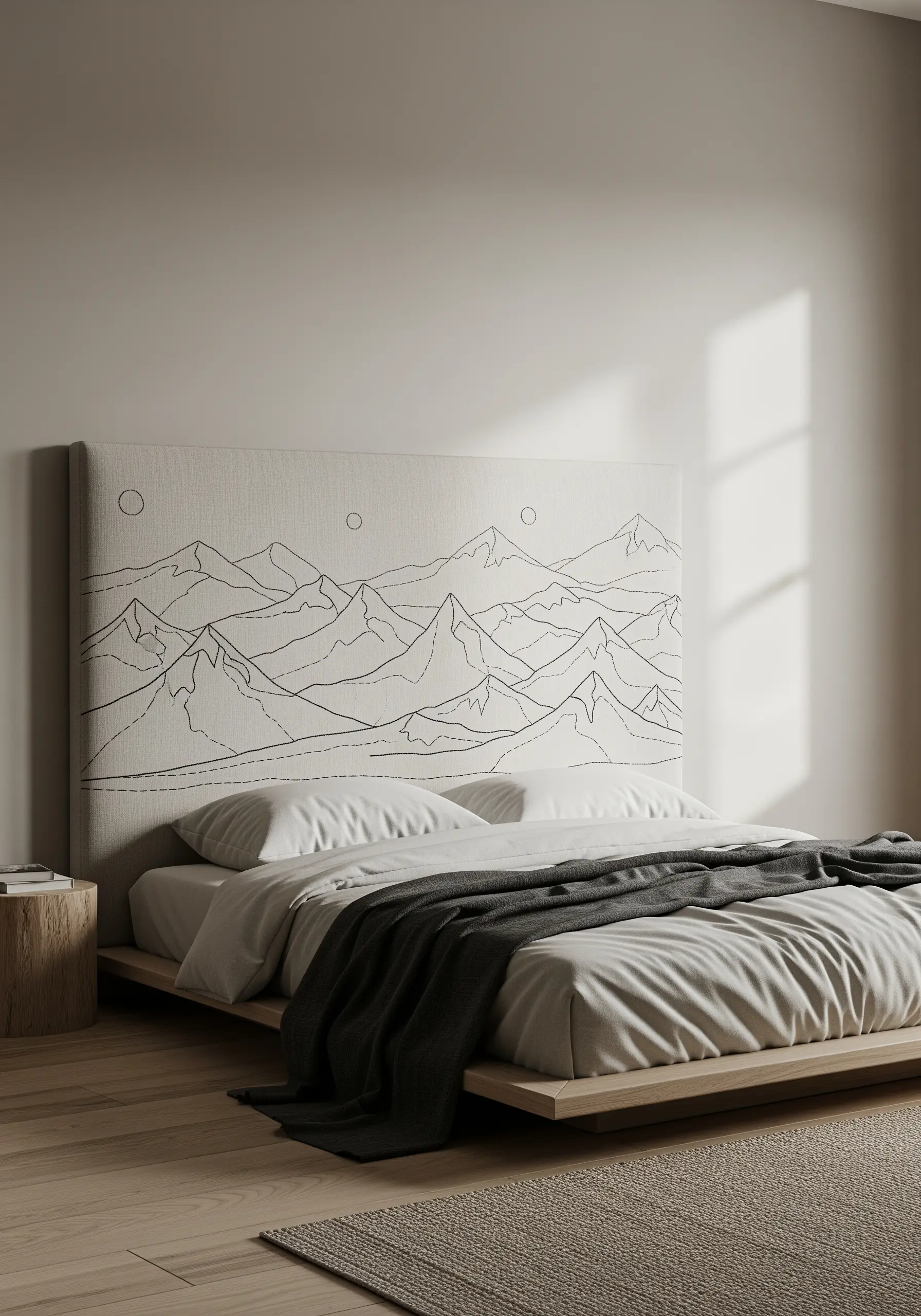 A minimalist black line-art drawing of a mountain range embroidered onto a neutral fabric headboard.