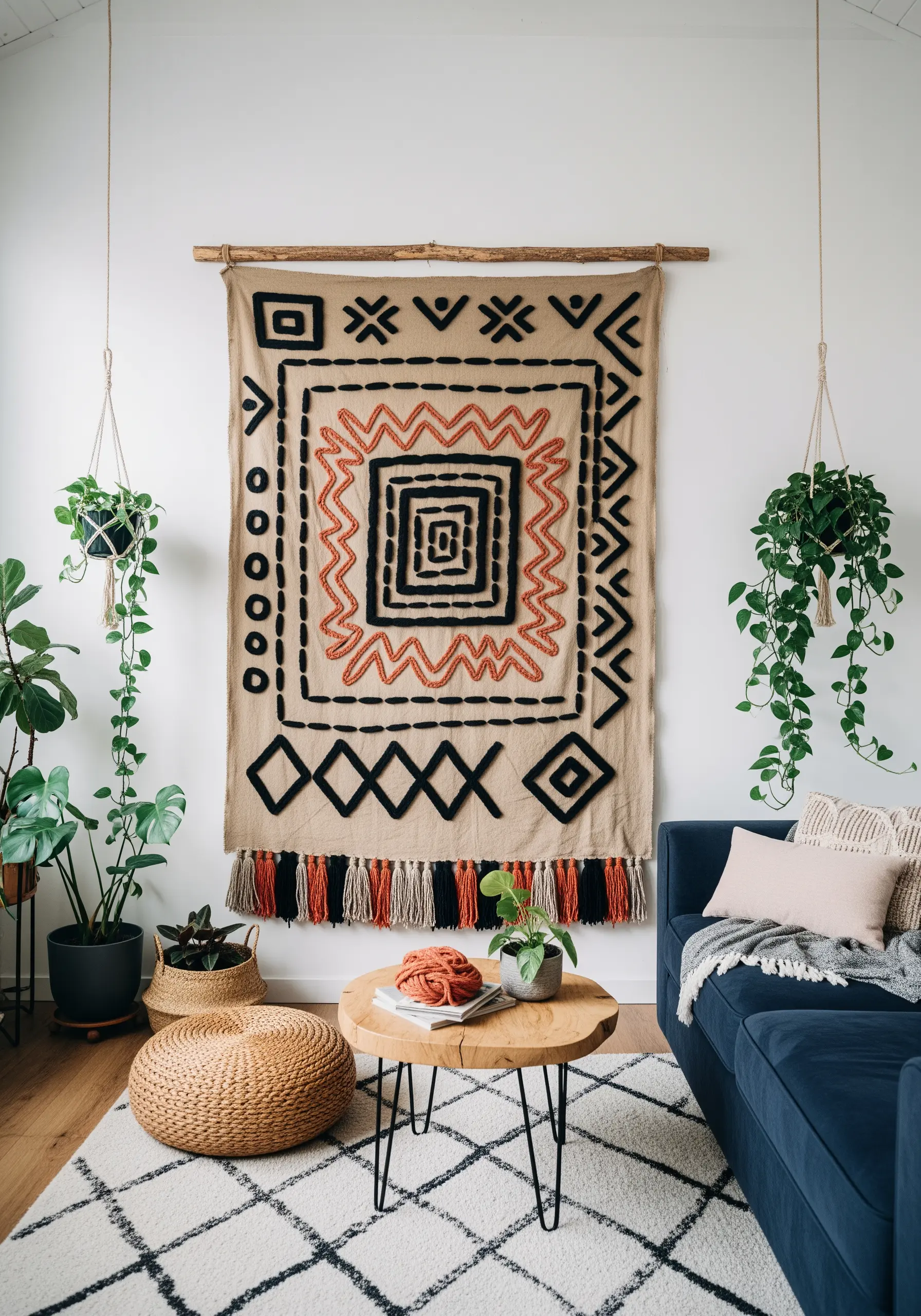 A large, rustic textile wall hanging with bold, geometric patterns in black and orange.