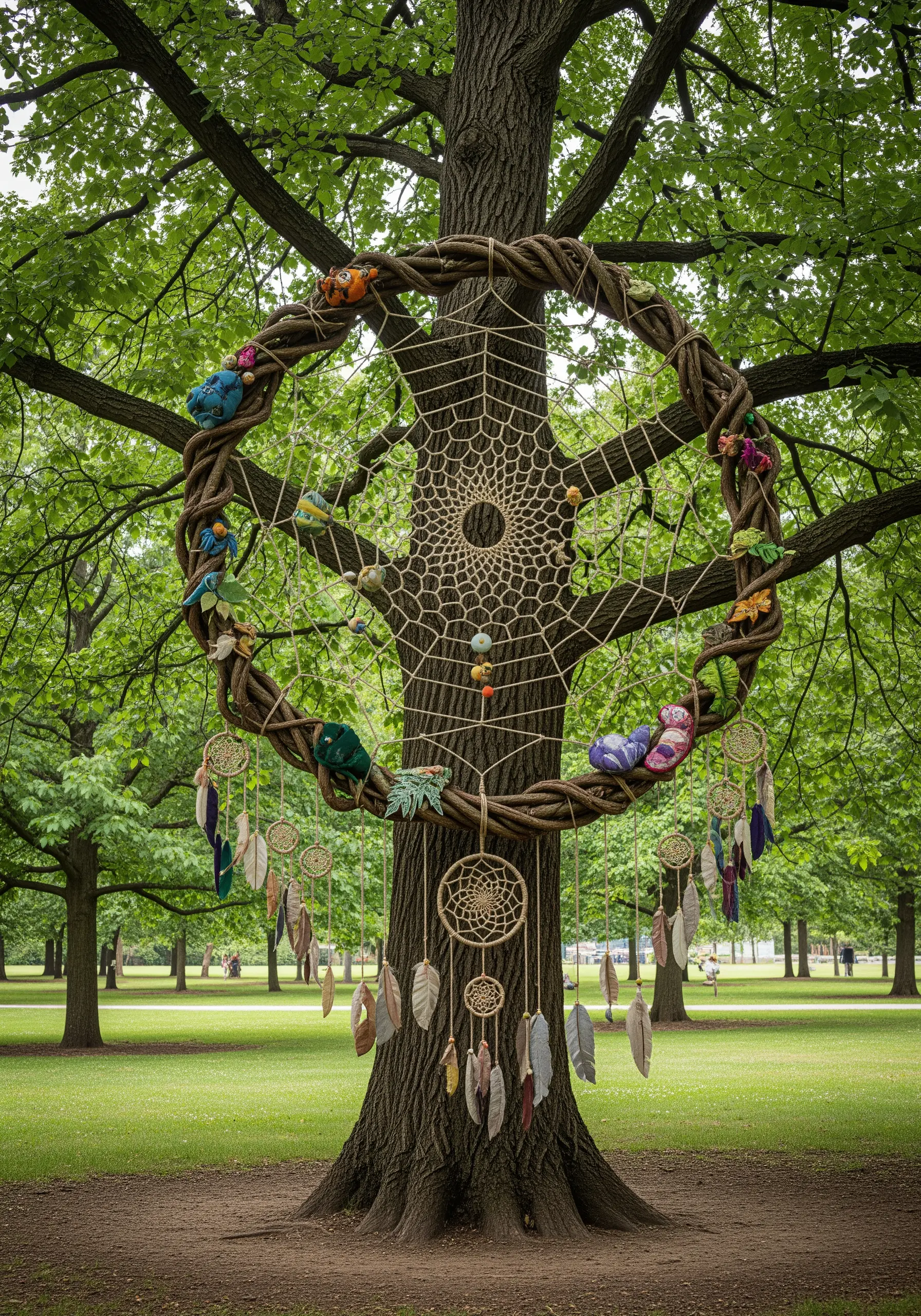 A giant dreamcatcher made with a grapevine wreath and rope, hanging from a large tree.
