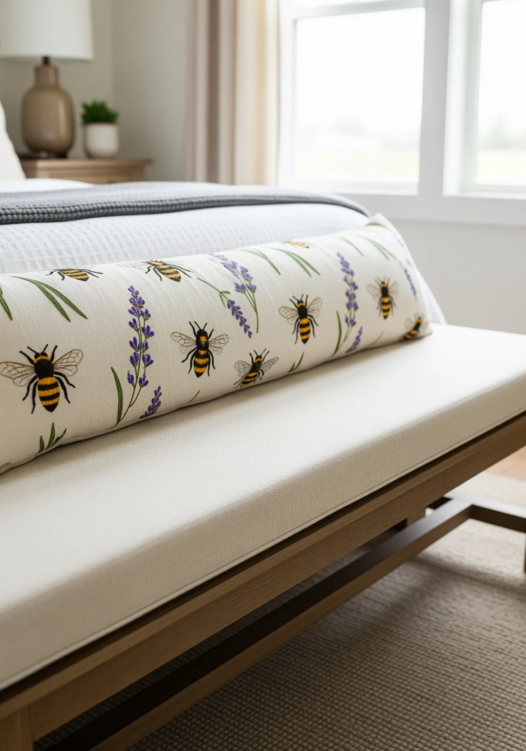 A long cushion with a scattered pattern of embroidered bees and lavender sprigs.