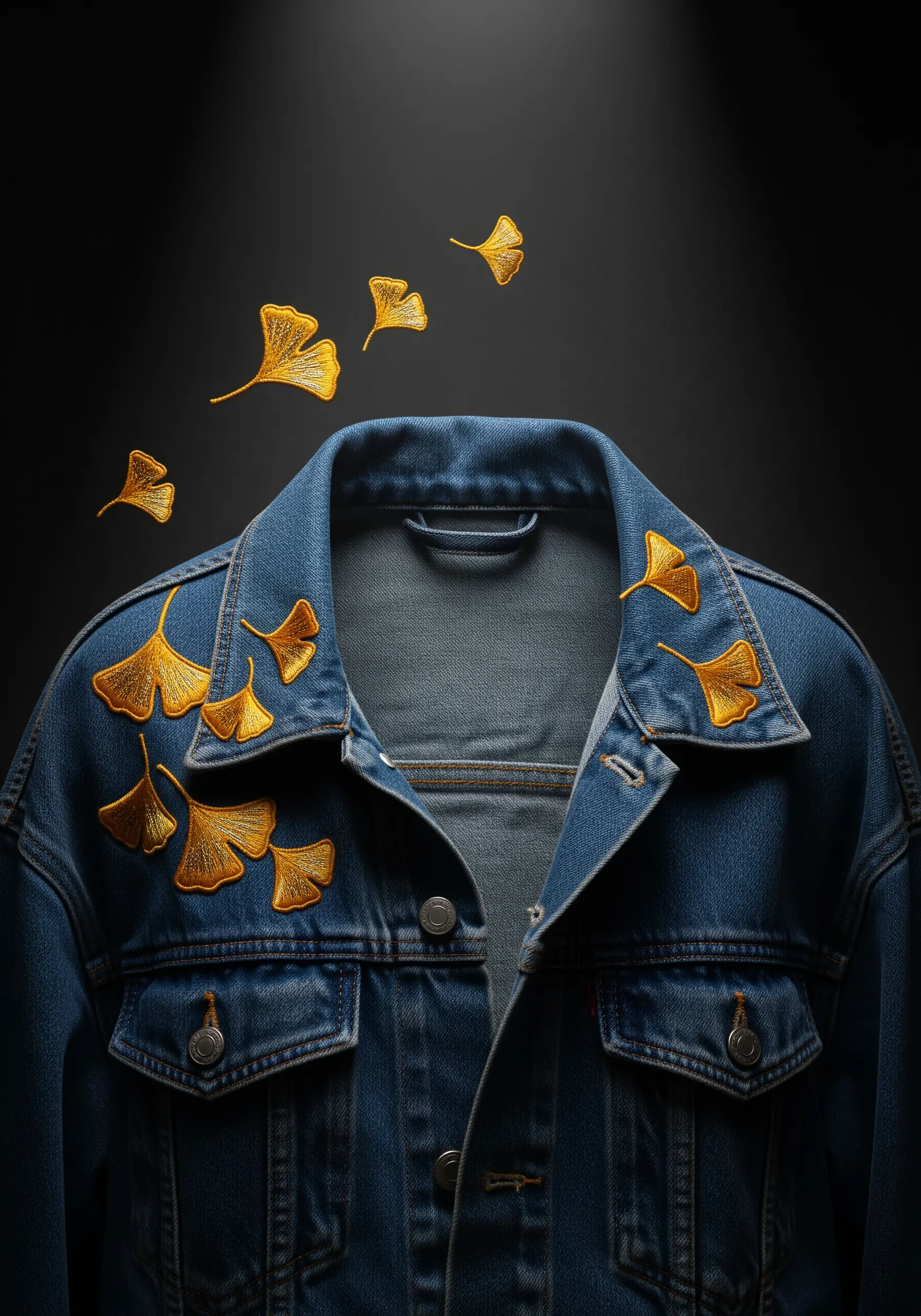 Golden-yellow ginkgo leaves embroidered as if falling across the collar of a denim jacket.