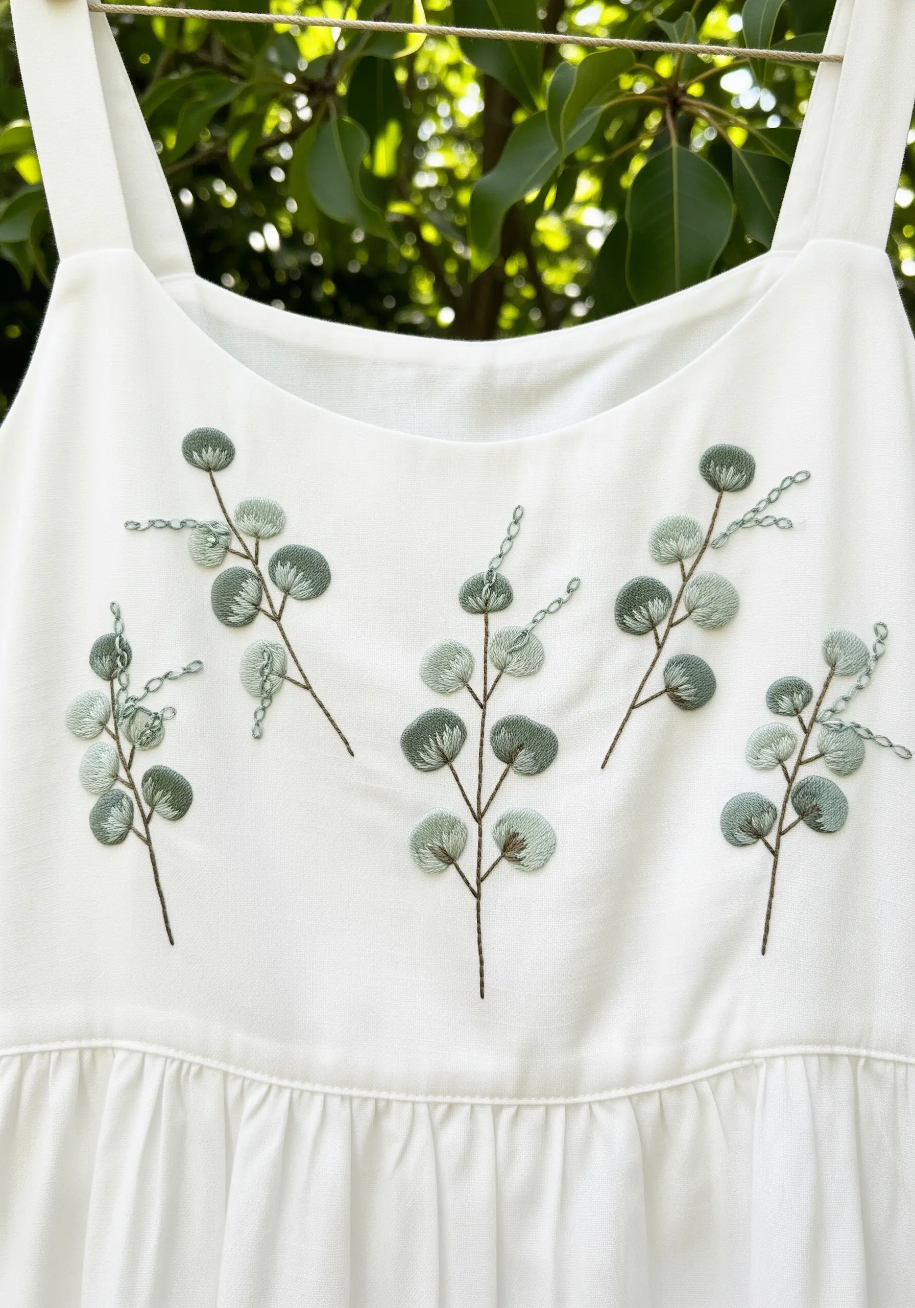Delicate eucalyptus branches with two-tone green leaves embroidered on a white dress.