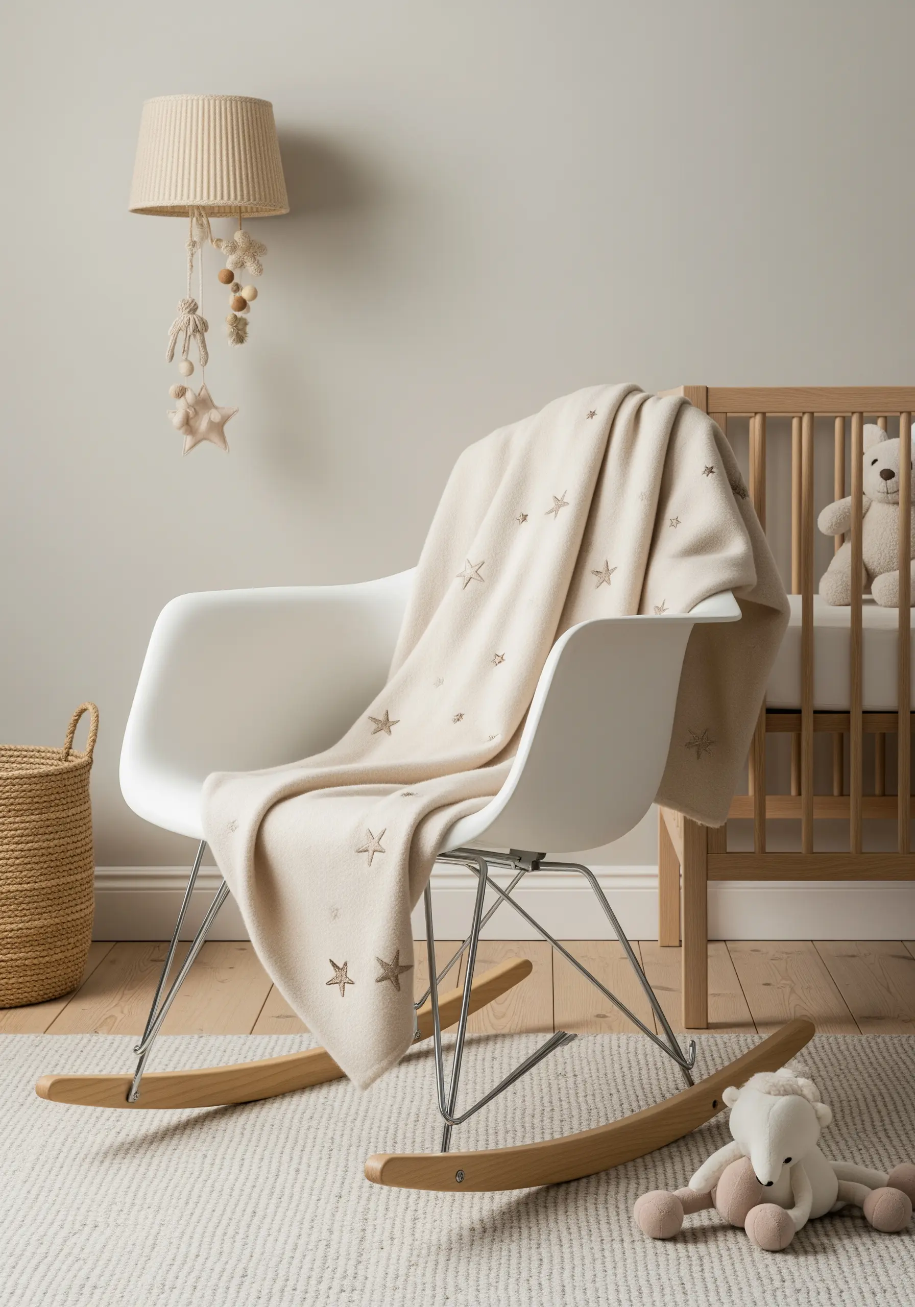 Small, scattered stars embroidered in a darker neutral tone on a cream baby blanket.