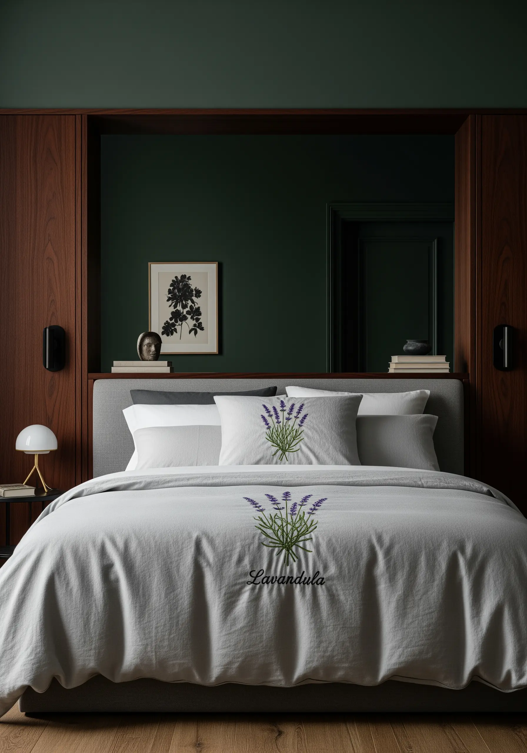 Gray bedding in a modern dark room, embroidered with a botanical-style lavender sprig and its Latin name.