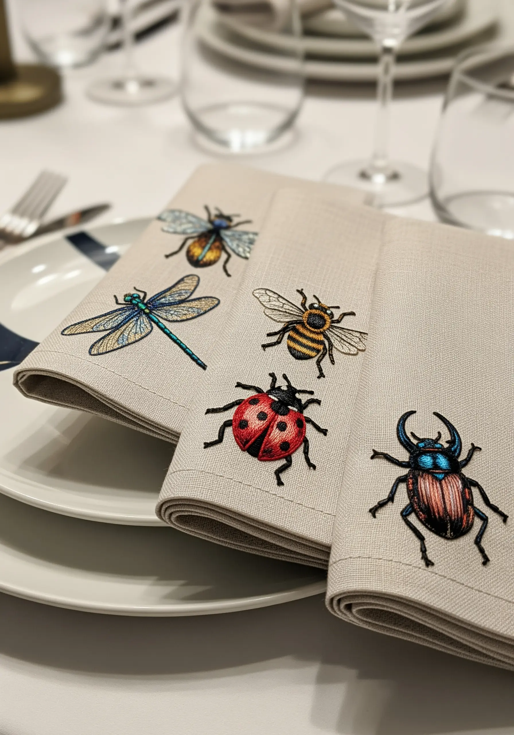 A set of linen napkins, each embroidered with a different detailed and colorful insect like a bee or ladybug.