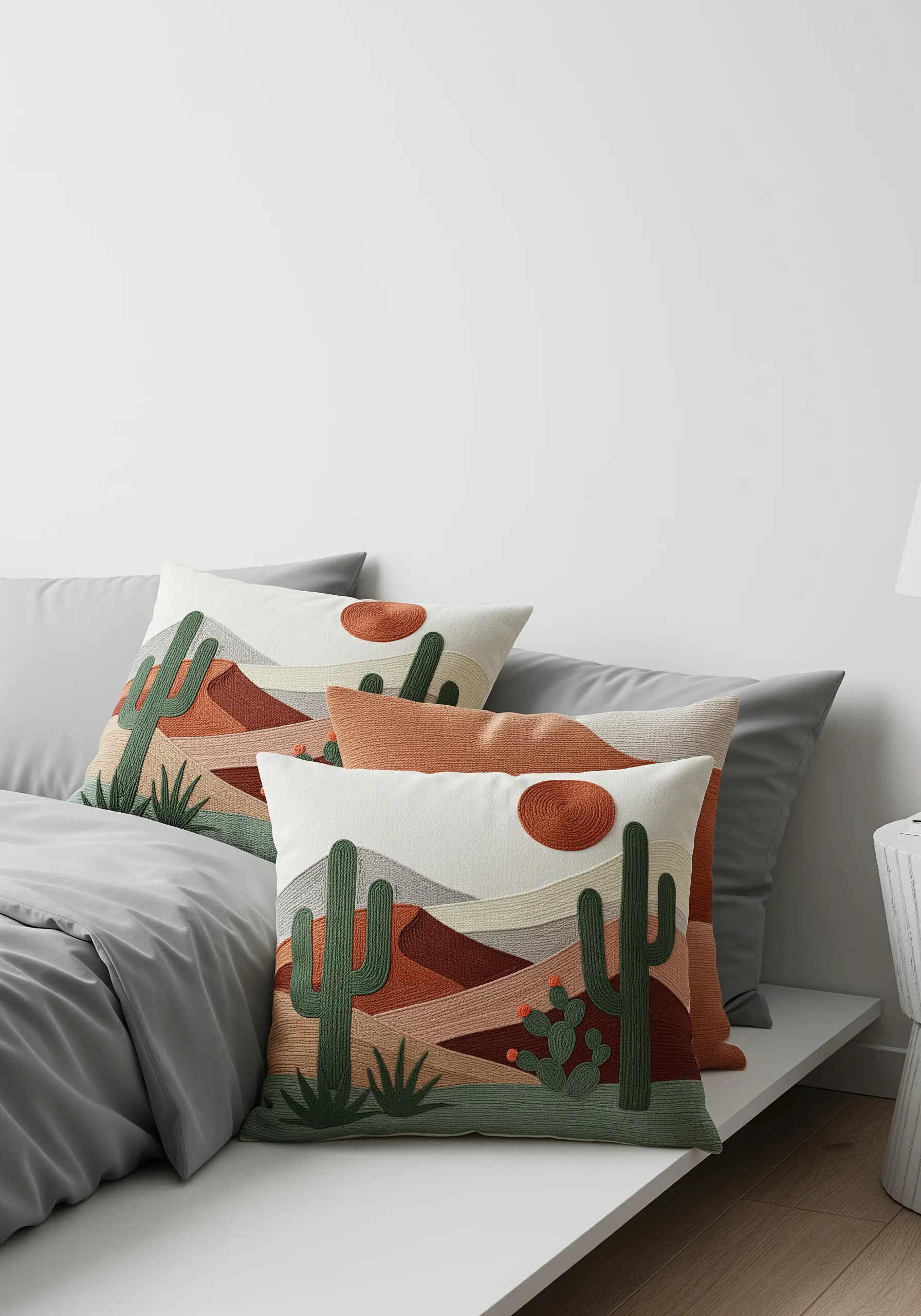 Embroidered pillows with a modern desert landscape, cactus, and a stylized sun.