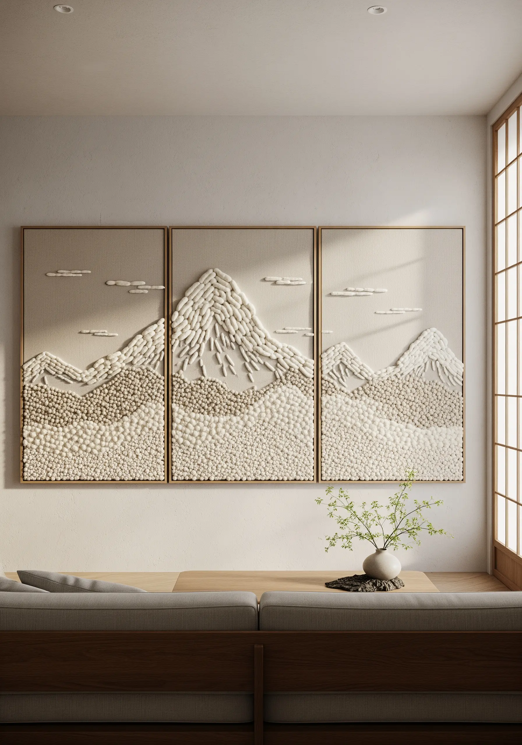 Triptych of embroidered mountains using textural knots in neutral tones.