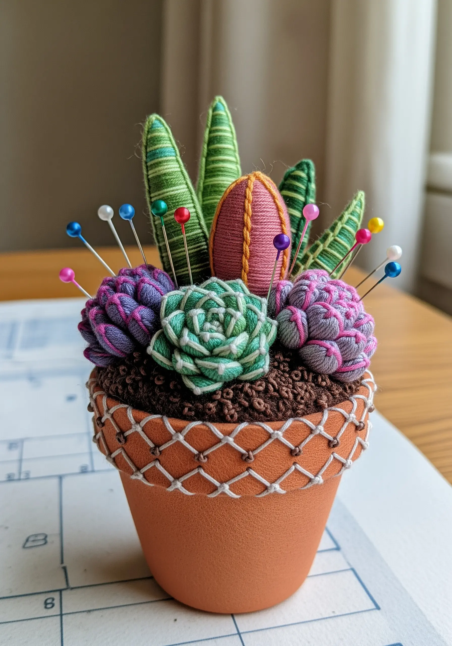A vibrant pincushion designed to look like a pot of succulents, with dimensional embroidered plants.