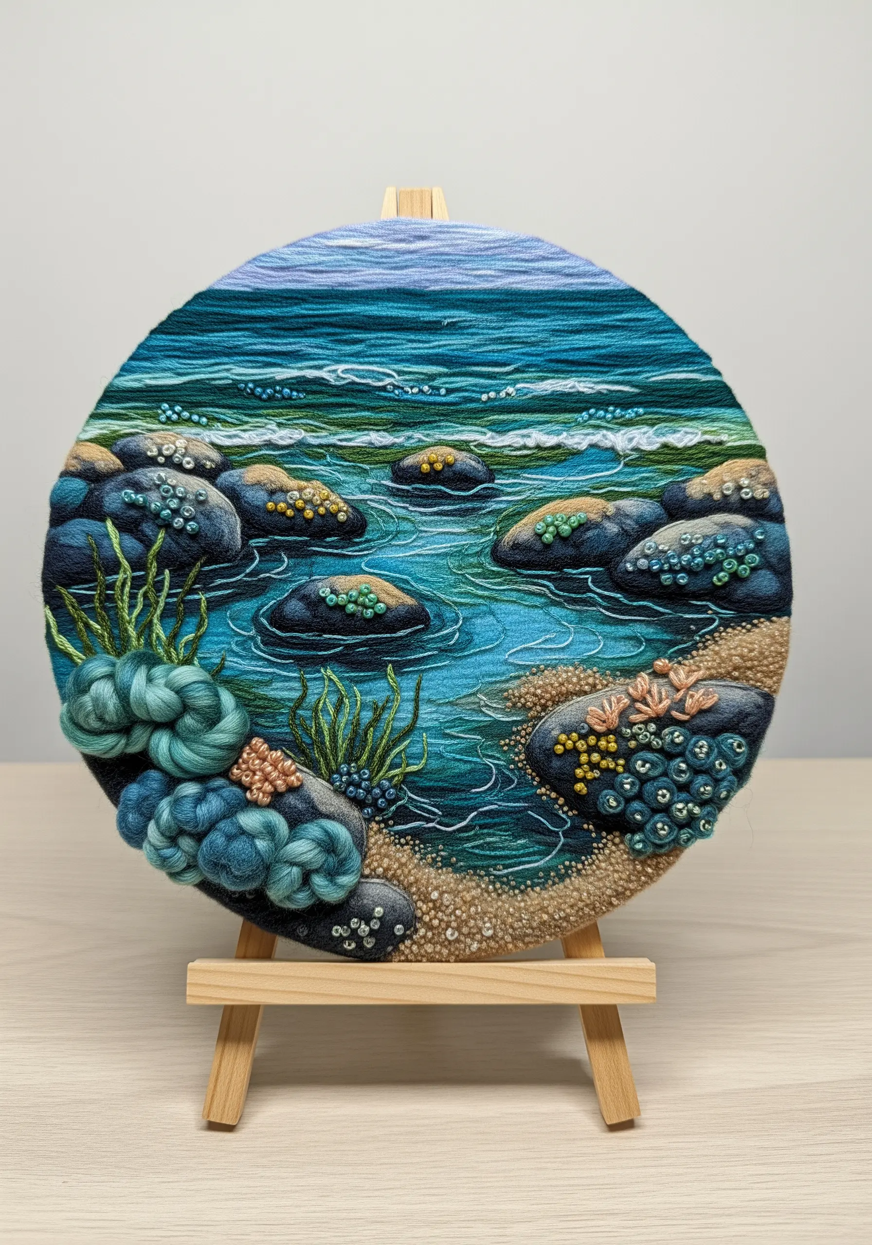 A dimensional embroidery of a rocky sea coast with textured yarn and French knots.