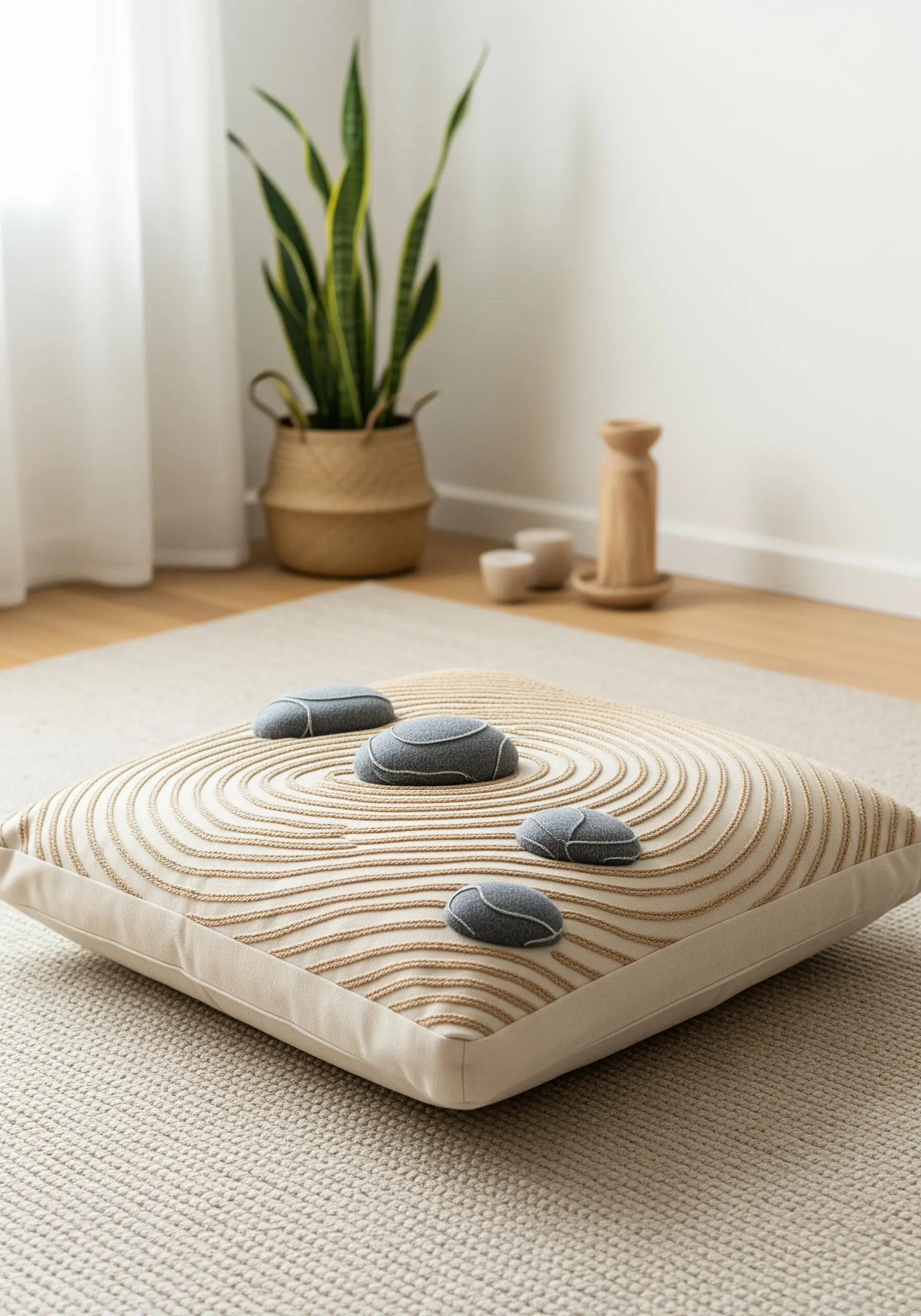 A beige floor cushion with couched jute cord in a Zen garden pattern, with 3D fabric 'stones'.