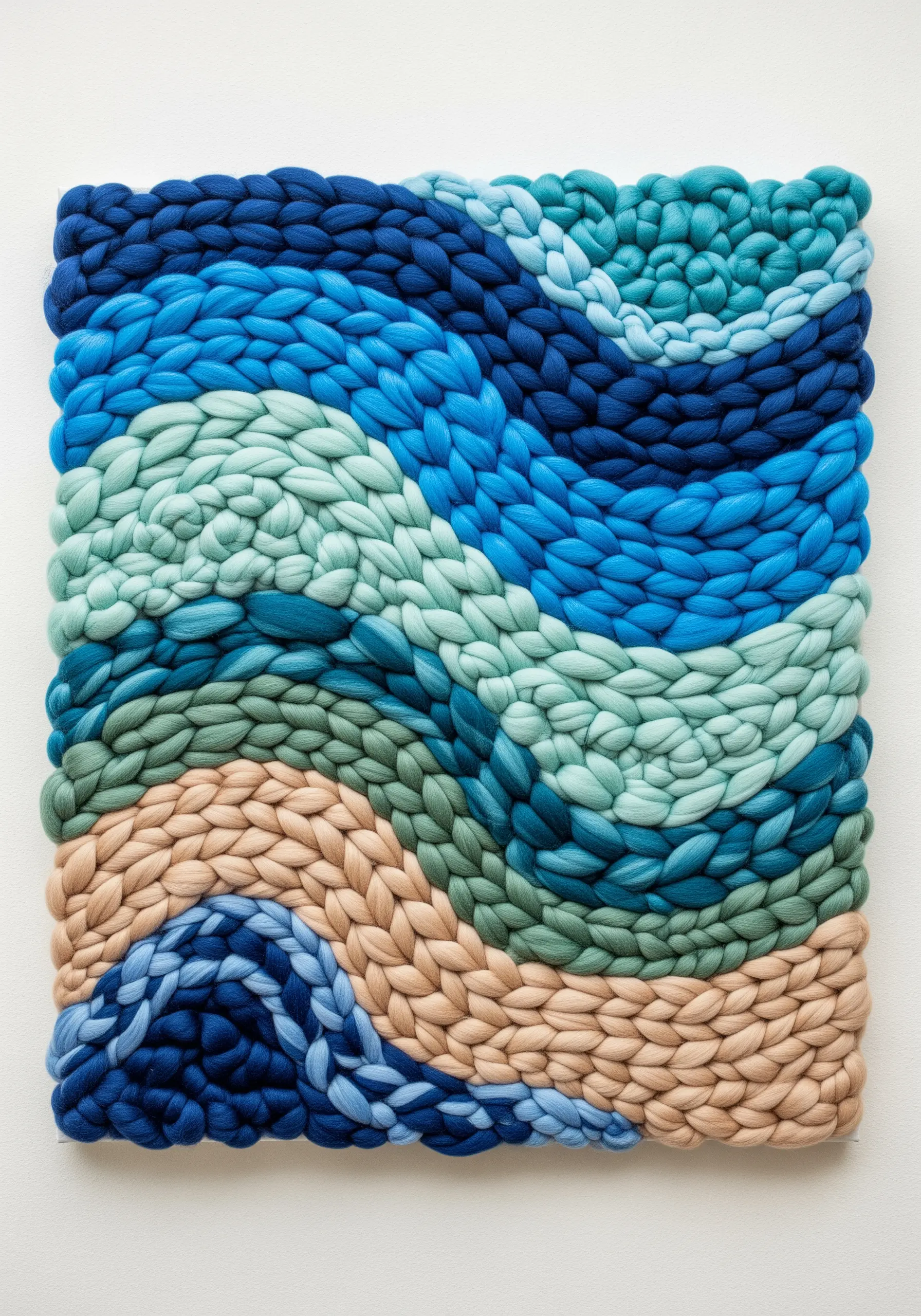 A chunky woven wall hanging with thick wool roving in flowing shades of blue.