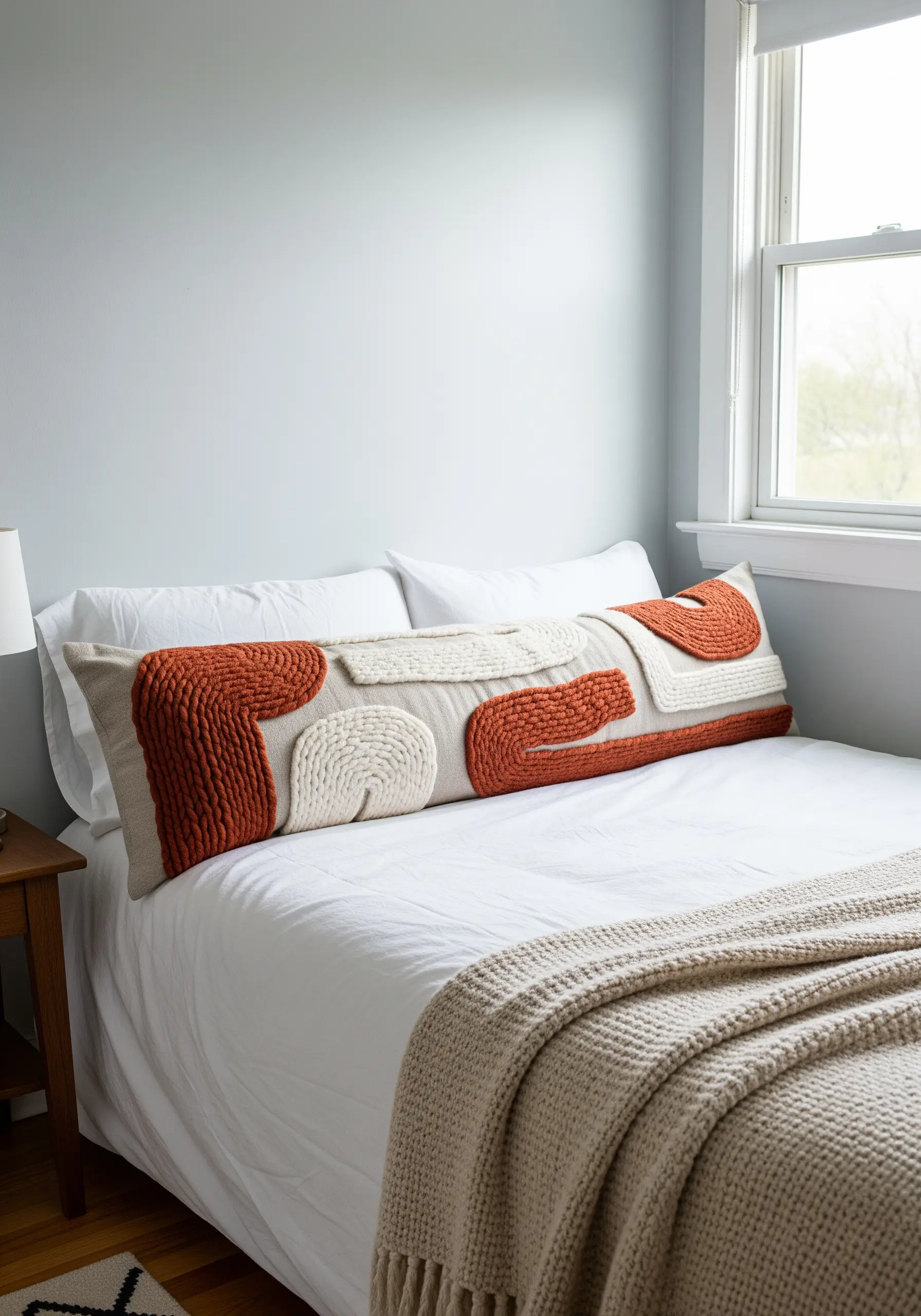A long lumbar pillow with abstract, highly textured punch needle shapes in orange and cream.